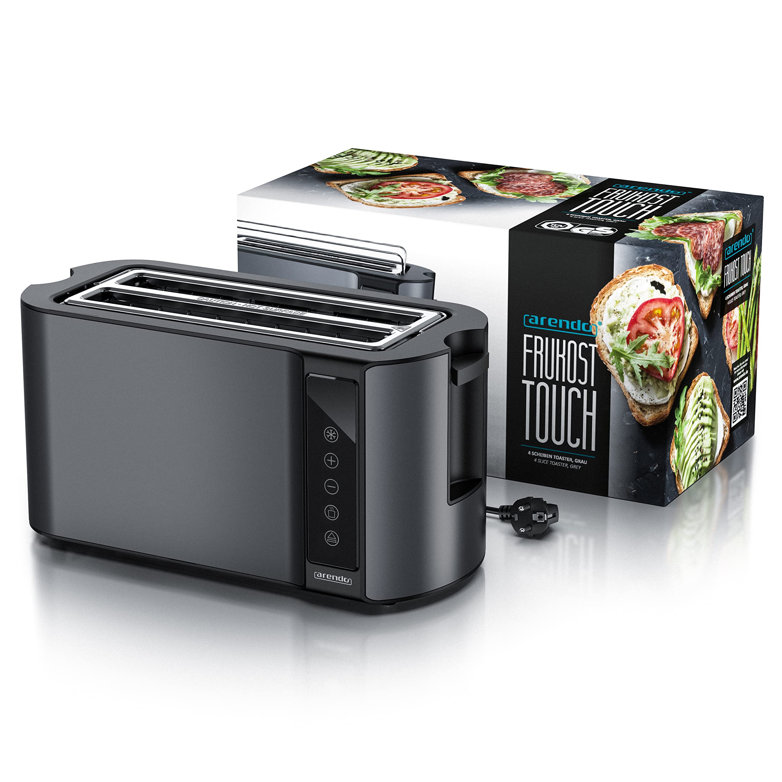 Arendo - Edelstahl Toaster Langschlitz 4 Scheiben- Touchscreen – Doppelwandgehäuse – 1500 W – Integrierter Brötchenaufsatz – 7 Bräunungsgrade – Brotzentrierung – Restzeitanzeige – Memoryfunktion