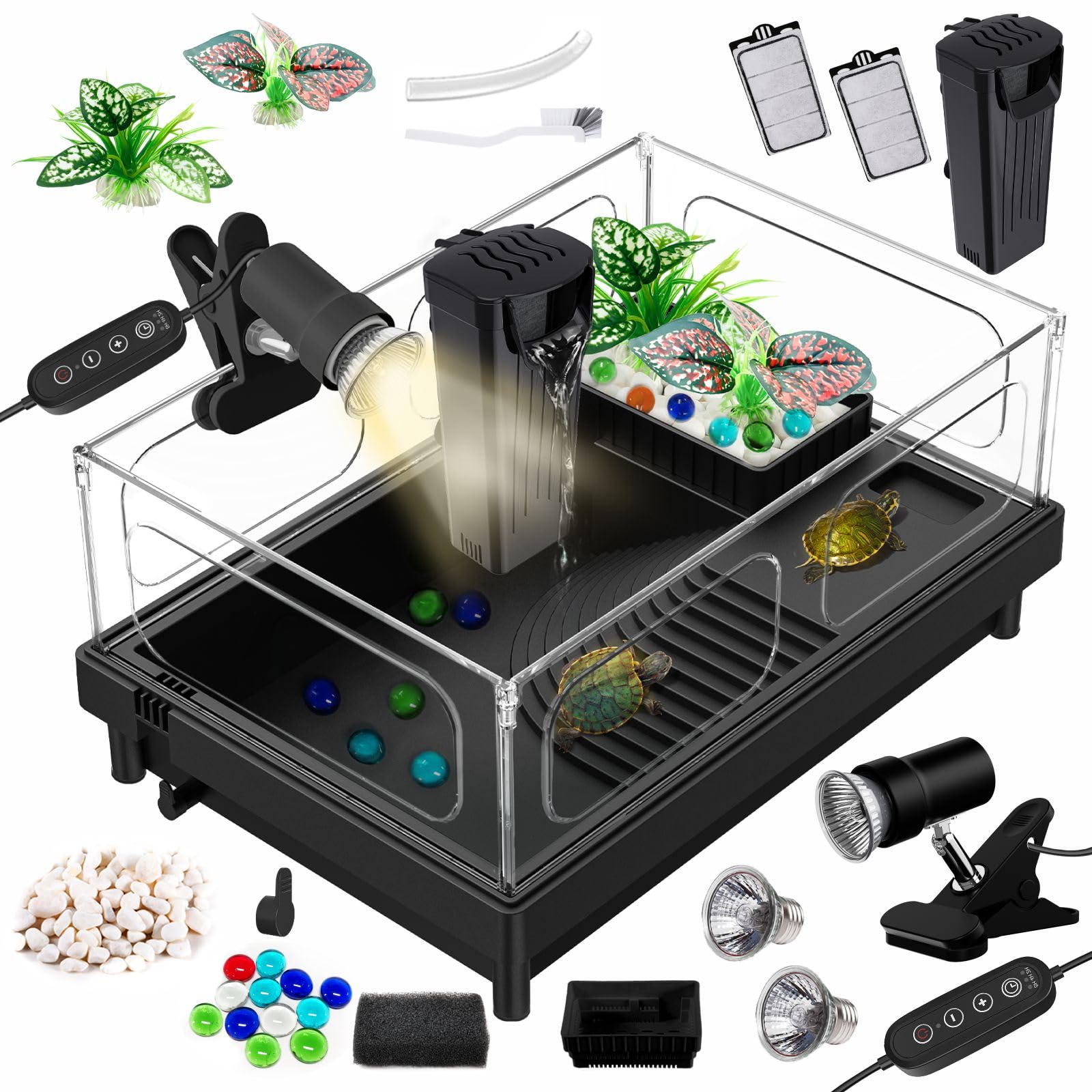 GOZILLA Small Turtle Tank Kit(Tank+Lamp+Filter), Acrylic Turtle Tank Starter Kit, Turtle Aquarium Turtle Habitat with Multi-Functional Areas for Small Reptiles.(Black Kit) — image 1