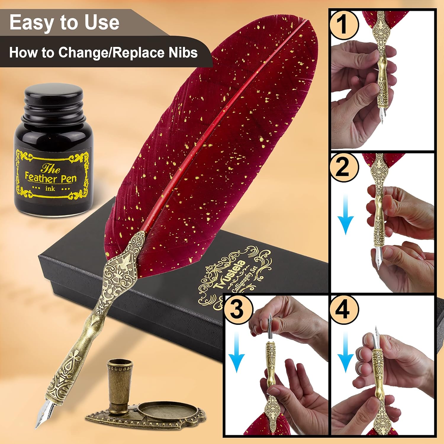 Quill Pen and Ink Set with Wax Seal Stamp - Red Feather Calligraphy Set for Beginners, Antique Dip Pen with 18 Nibs & Stand, Gift Boxed