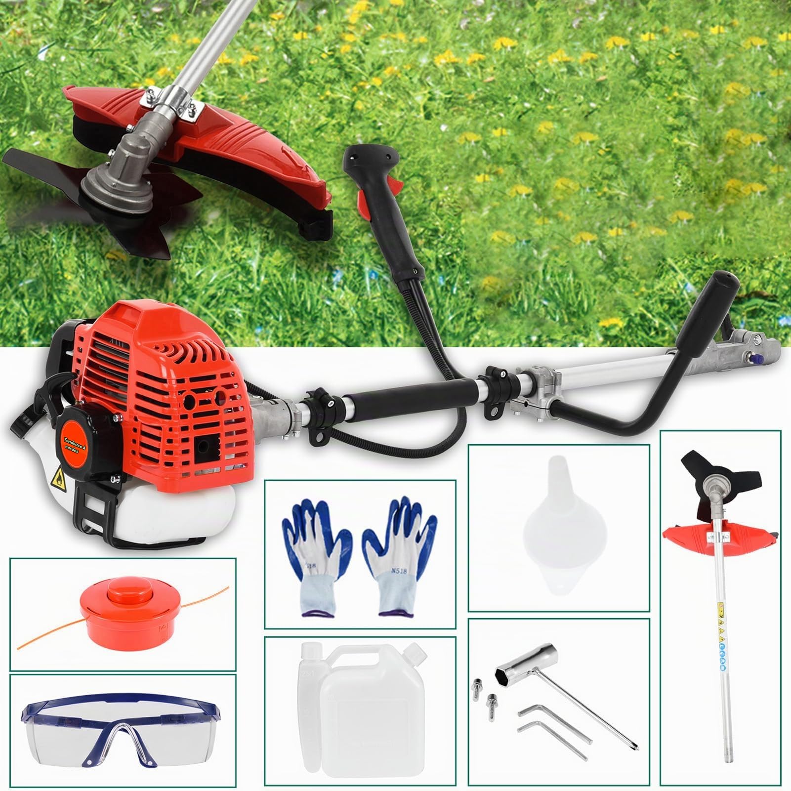 Débroussailleuse Thermique 52cc 2 en 1 sans Fil Coupe Bordure à Essence 2 Temps Faucheuse pour Jardin Élagage (Rouge)