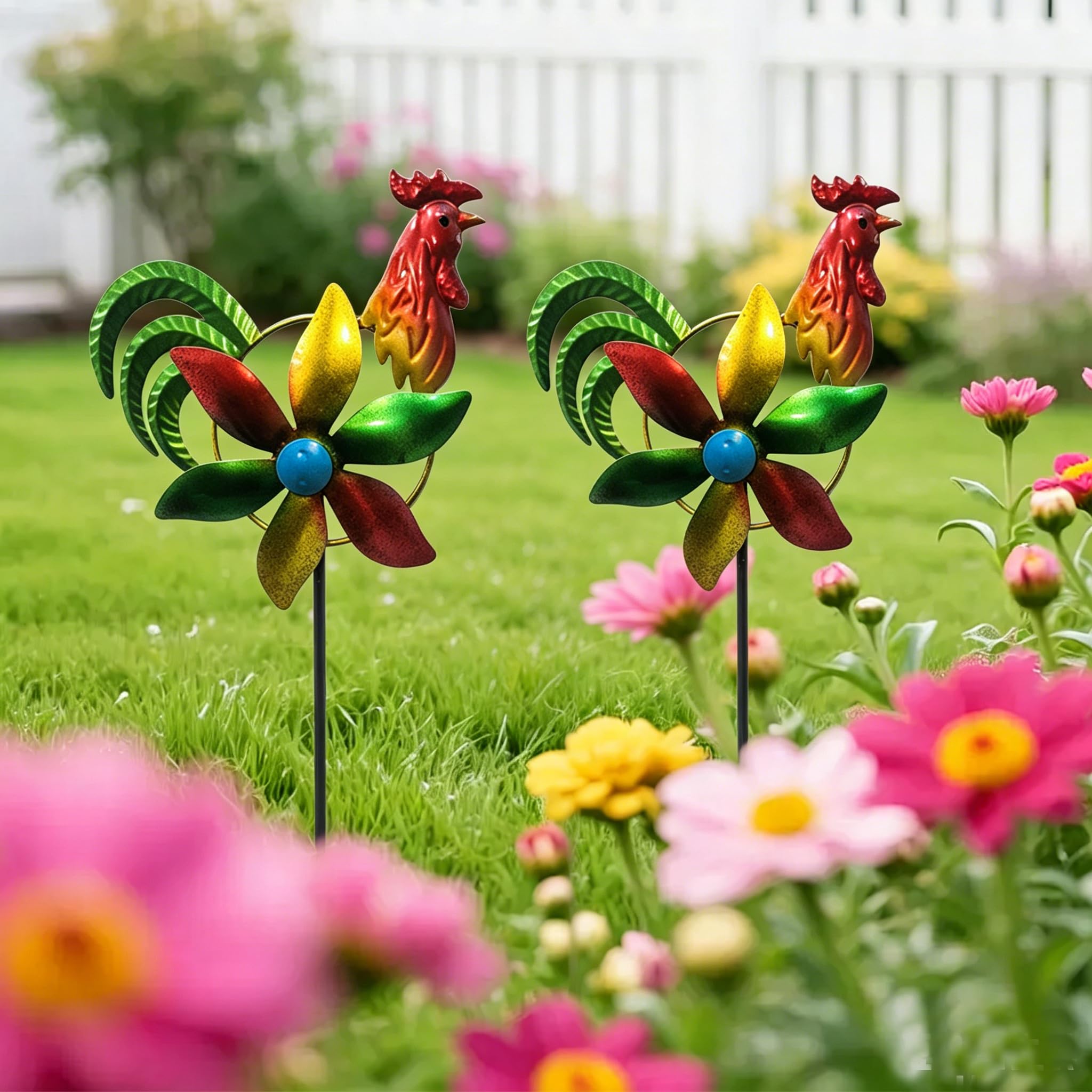 Garden Wind Spinner with Metal Stake, 2D Flat Design Colourful Pinwheels Garden Ornament for Outdoor – Weatherproof 2Pcs Rooster Ground Stakes for Front Porch, Backyard Lawn & Flower Bed