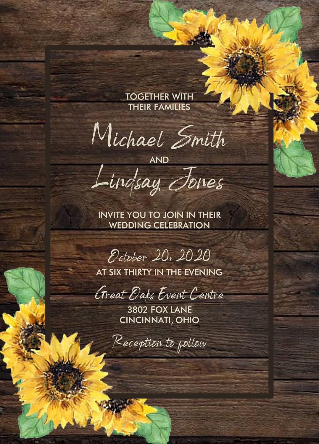 Wedding Invitations Rustic Country Sunflower Wedding Invitations with RSVP Option Quantity of 50