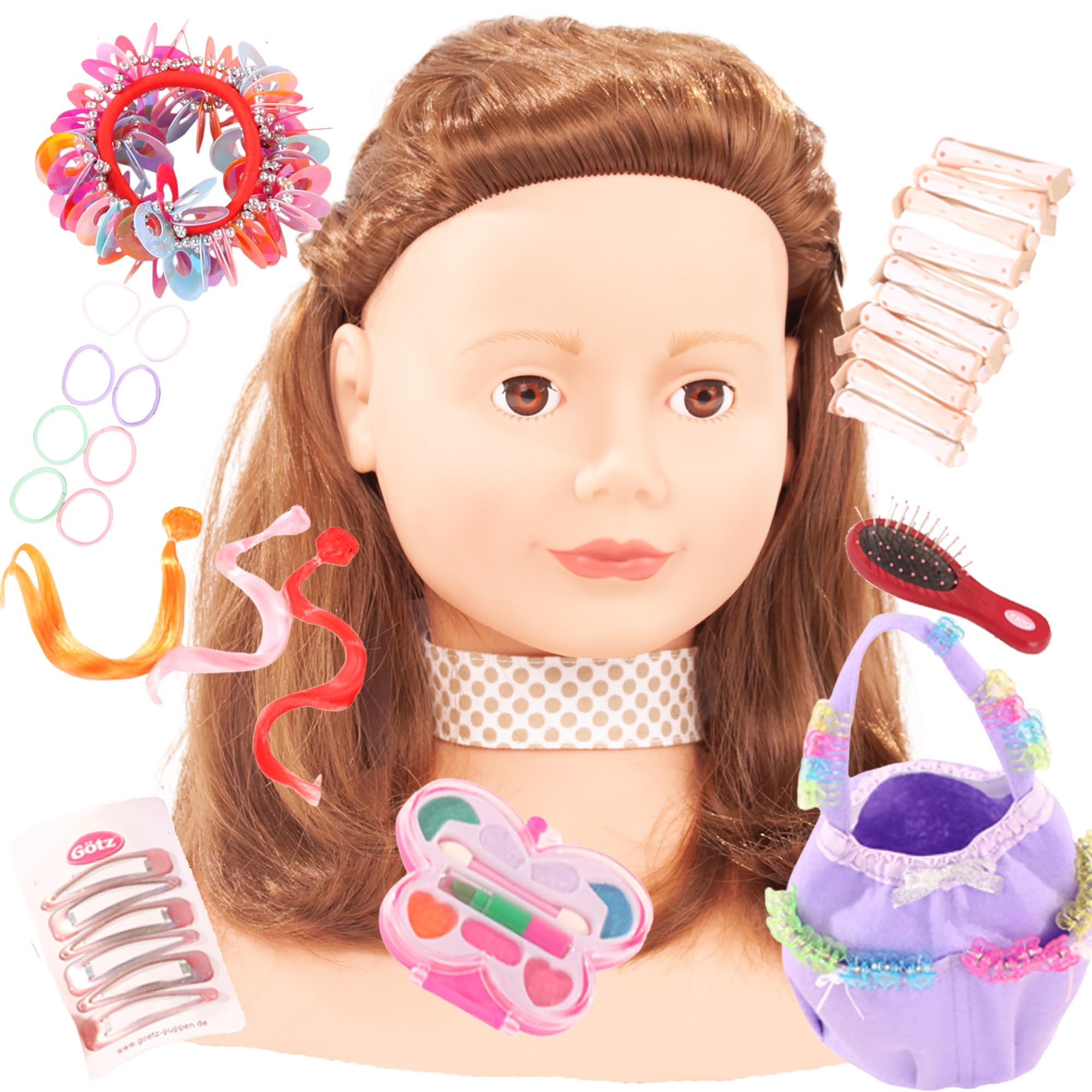 Götz 1192053 - Busto de muñeca con cabello y ojos castaños - juego de cabezales para peluquería y maquillaje, 58 piezas, para niños a partir de 3 años