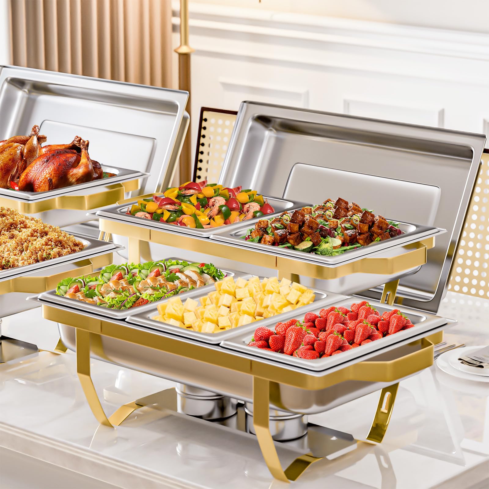 IMACONE Juego de 4 platos dorados de acero inoxidable de 9 cuartos de galón y calentadores de buffet, 7 sartenes con sartén completa de 1/2, 1/3 para alimentos y agua, tapa, marco plegable, soporte de