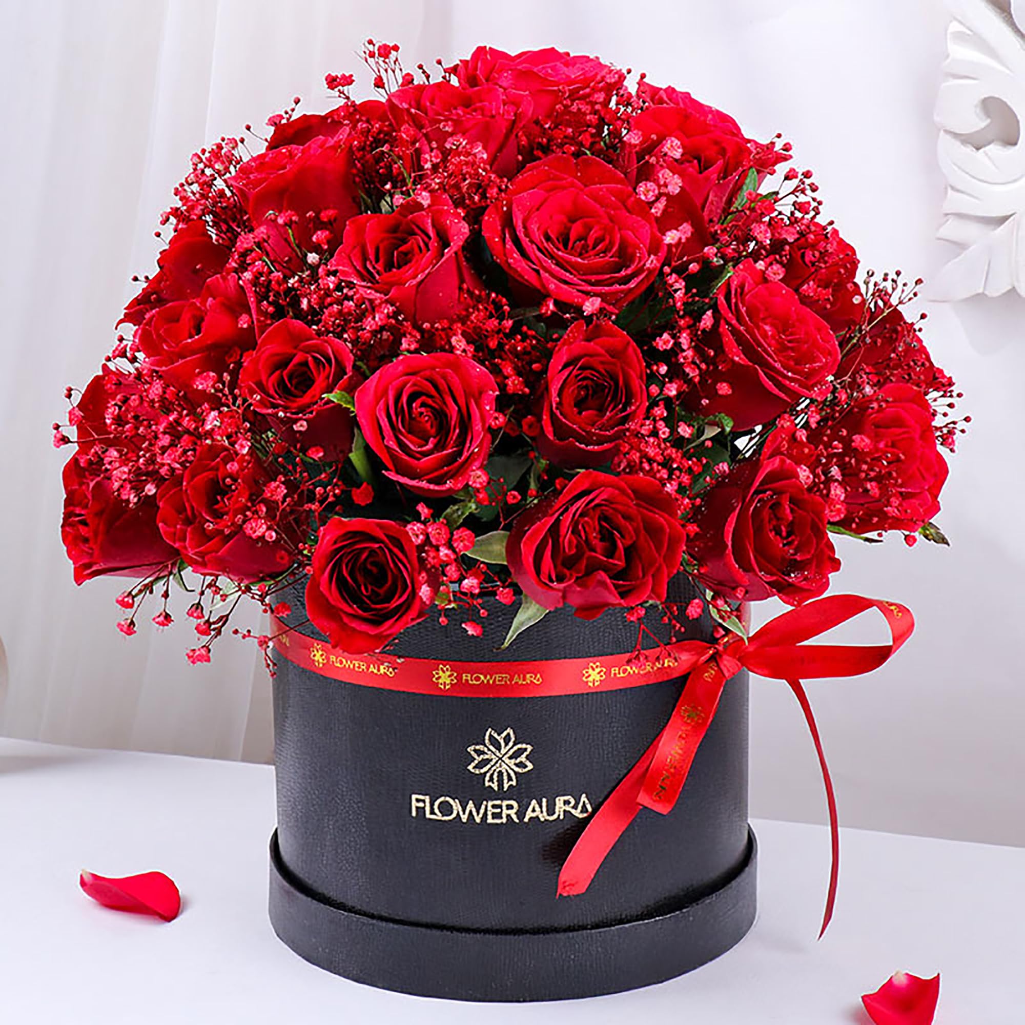 FlowerAura Romantic Fresh Live Flower Bouquet of 40 Red Roses In Luxury FA Round Box Gift For Birthday | Anniversary | Love Surprise | Rose Day | Valentine's Day (Same Day Delivery)-image-8
