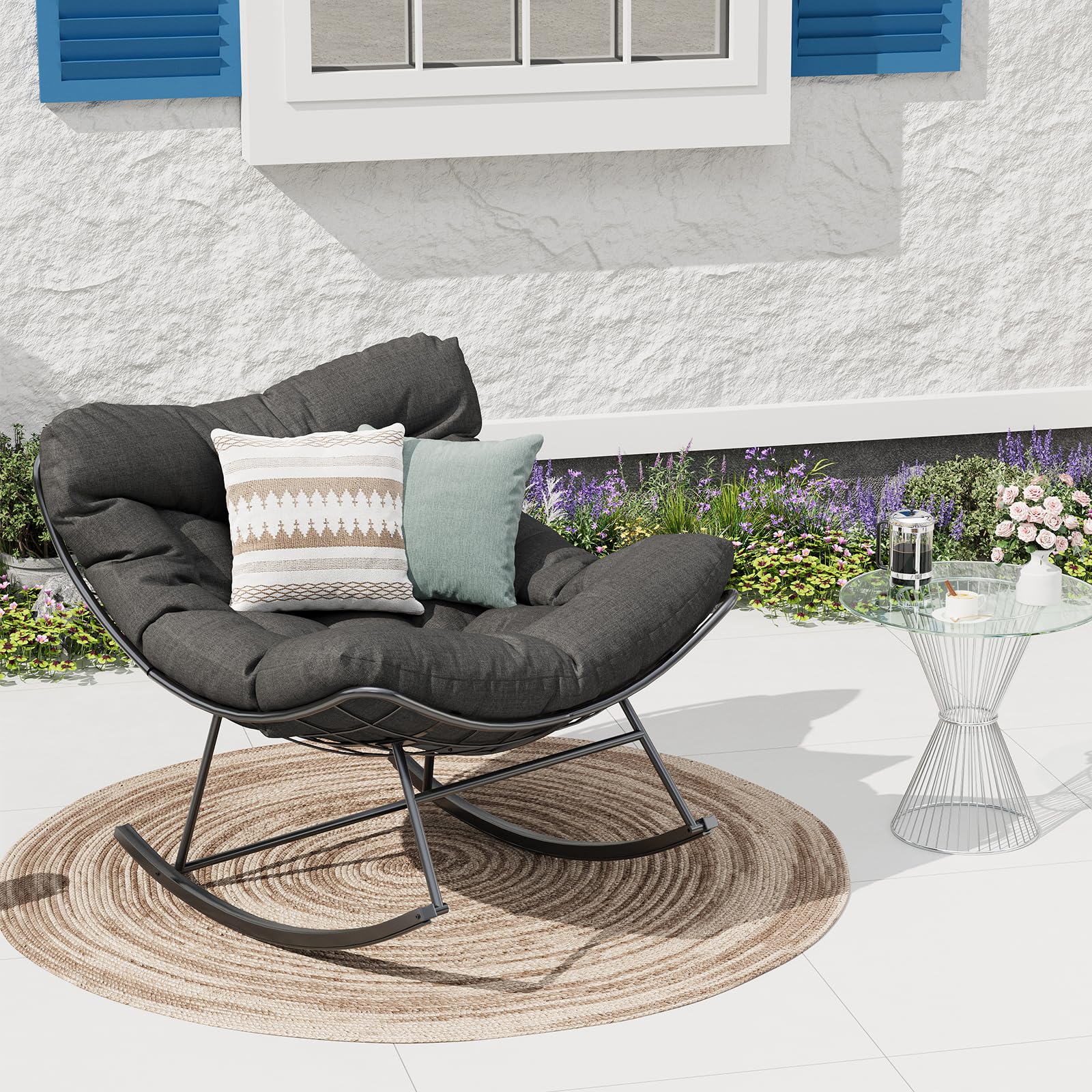 GarveeHome Schaukelstuhl Oversized, Schaukelsessel mit dickem Kissen & Metallrahmen, Relaxsessel für Poolside, Garten und Hinterhof, Tragfähigkeit