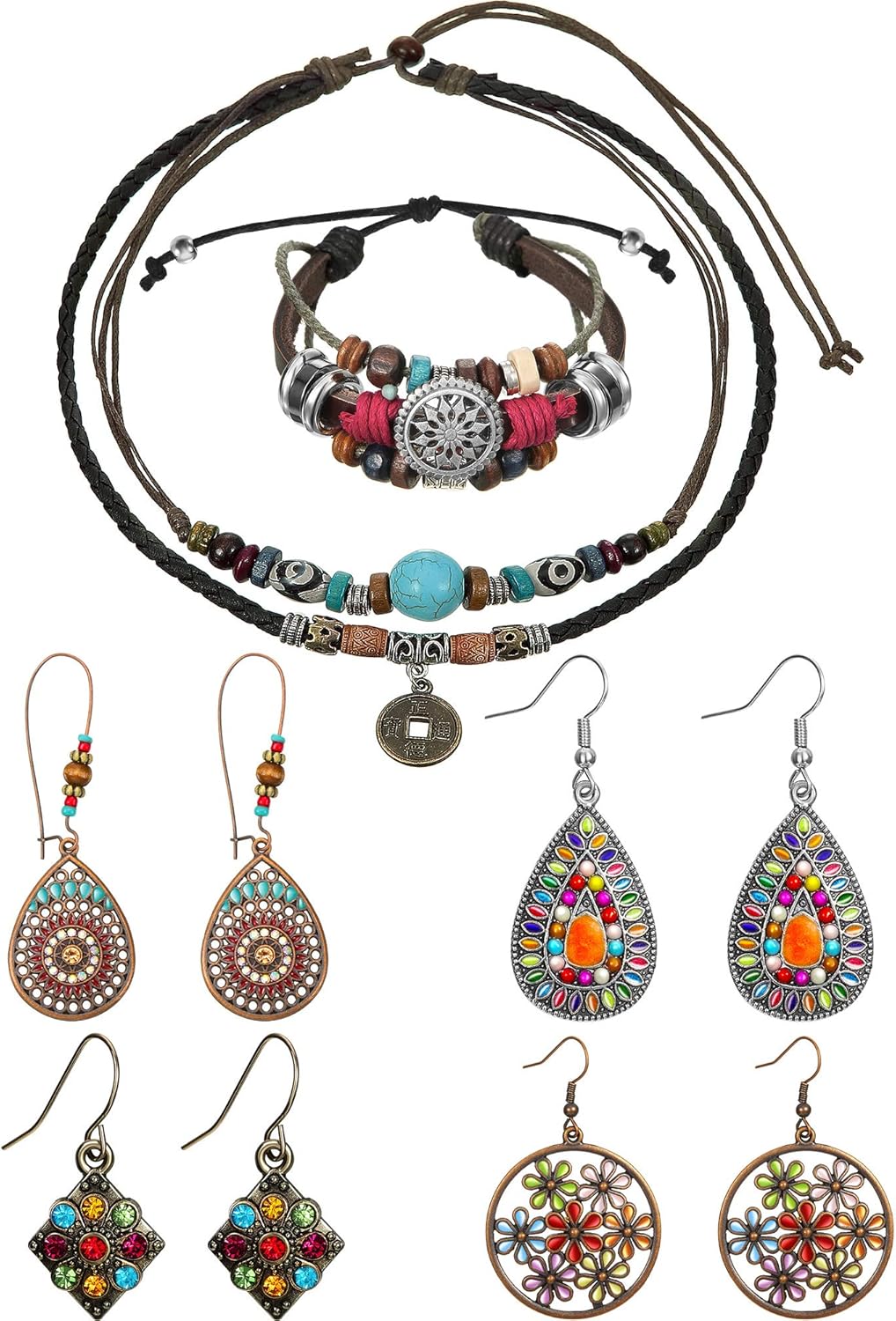 Hicarer Leather Necklace Bead Choker Adjustable Vintage Turquoise Necklace Handmade Woven Beaded Bracelet with 4 Pairs Bohemian Vintage Dangle Earrings Jewelry for Women