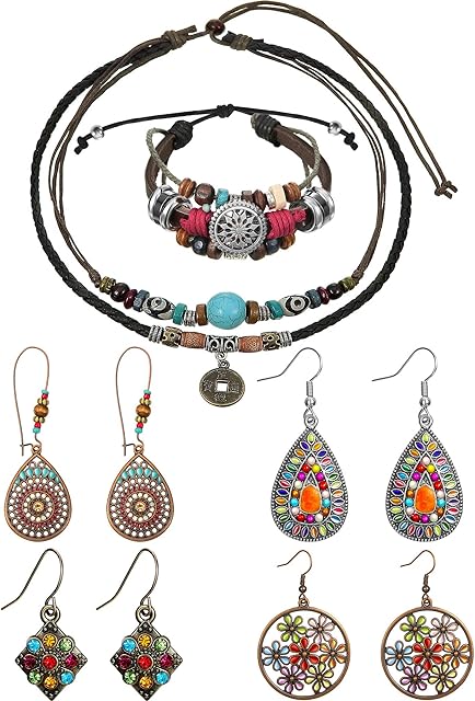 Hicarer Leather Necklace Bead Choker Adjustable Vintage Turquoise Necklace Handmade Woven Beaded Bracelet with 4 Pairs Bohemian Vintage Dangle Earrings Jewelry for Women