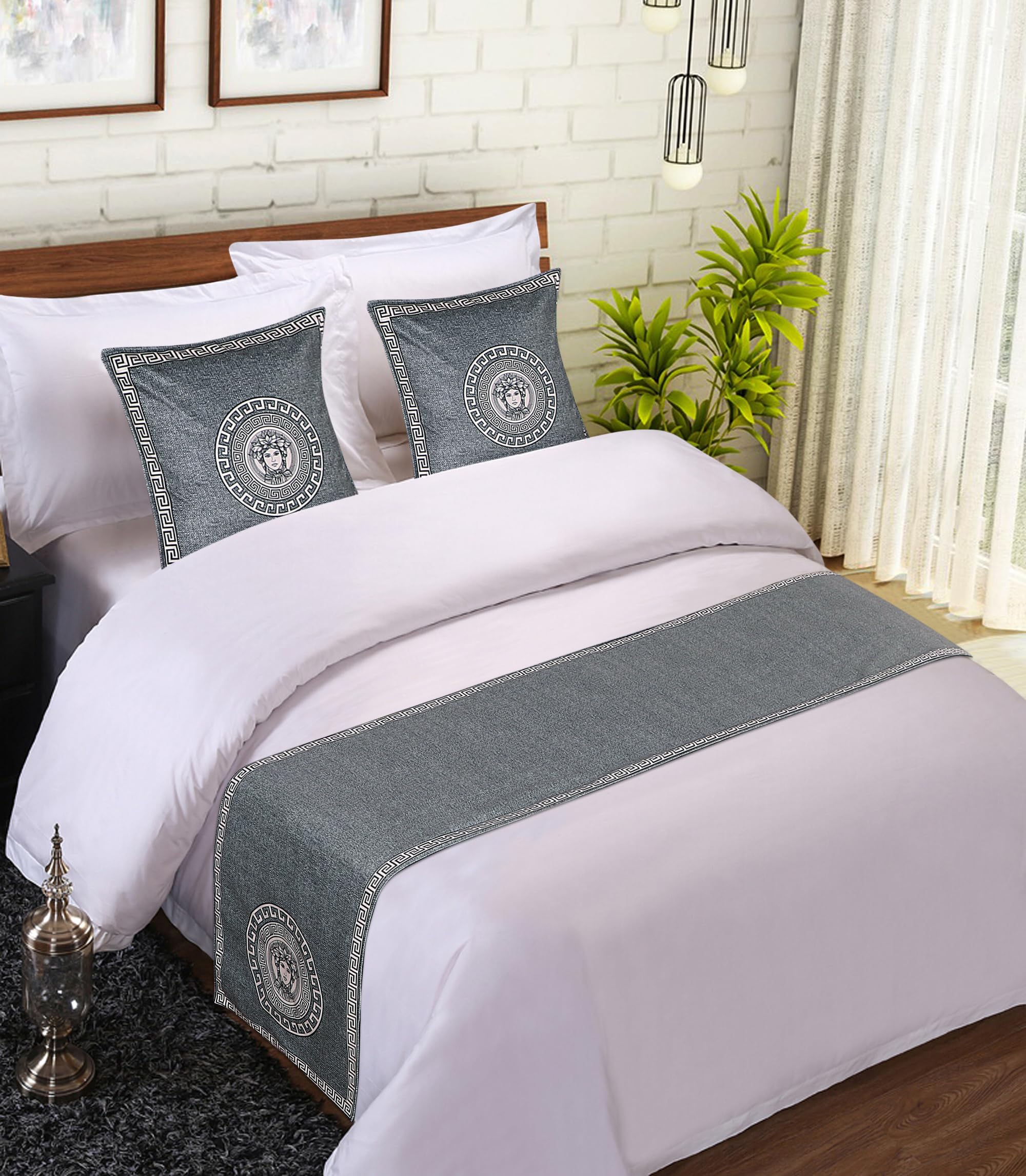 Shri Anand Creations 400TC Printed Bed Runner with Cushion Cover Set for Hotel, Guest House, Resort and AirBnb. (Runner: 18x100 inches, Cushion Cover 16x16 inches), Print: 03-image-34