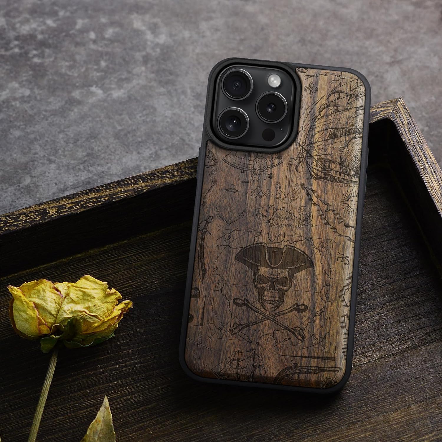 Carveit Magnetic Wooden Case for iPhone 16 Pro Max Case, Wood Artisan Engraved & Black Soft TPU Shockproof Cover, Compatible with MagSafe Wireless Chargers (Pirate Flag) Walnut