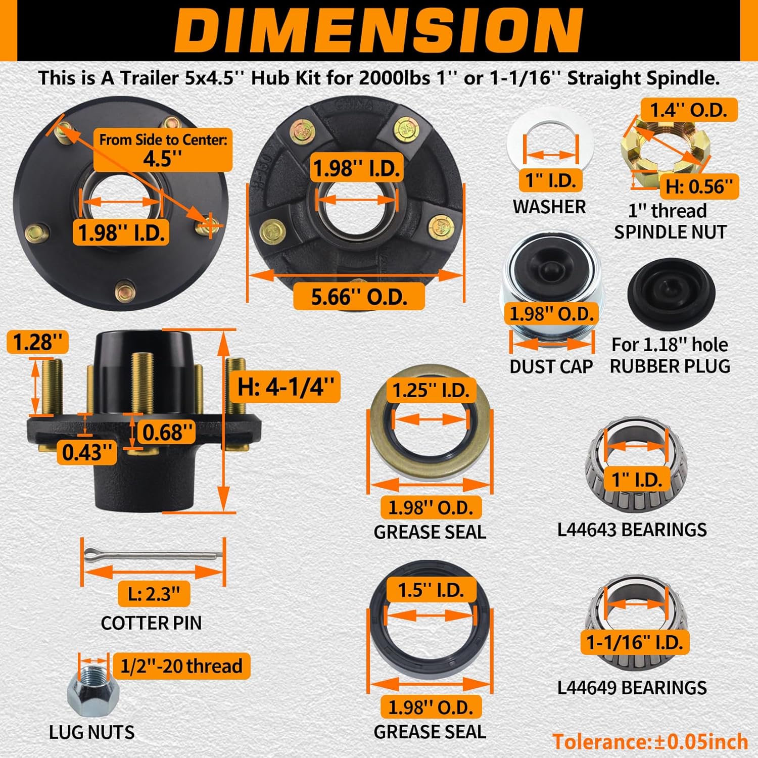 1Pair 5 on 4.5'' Trailer Hub Kit for 2000lbs 1'' or 1-1/16'' Straight Spindle, 5x4.5'' Trailers Idler Hubs Kits Fit 1'' & 1-1/16'' Axle, 5 Bolt Trailer Hub Set with Castle Nut & Metal Washer