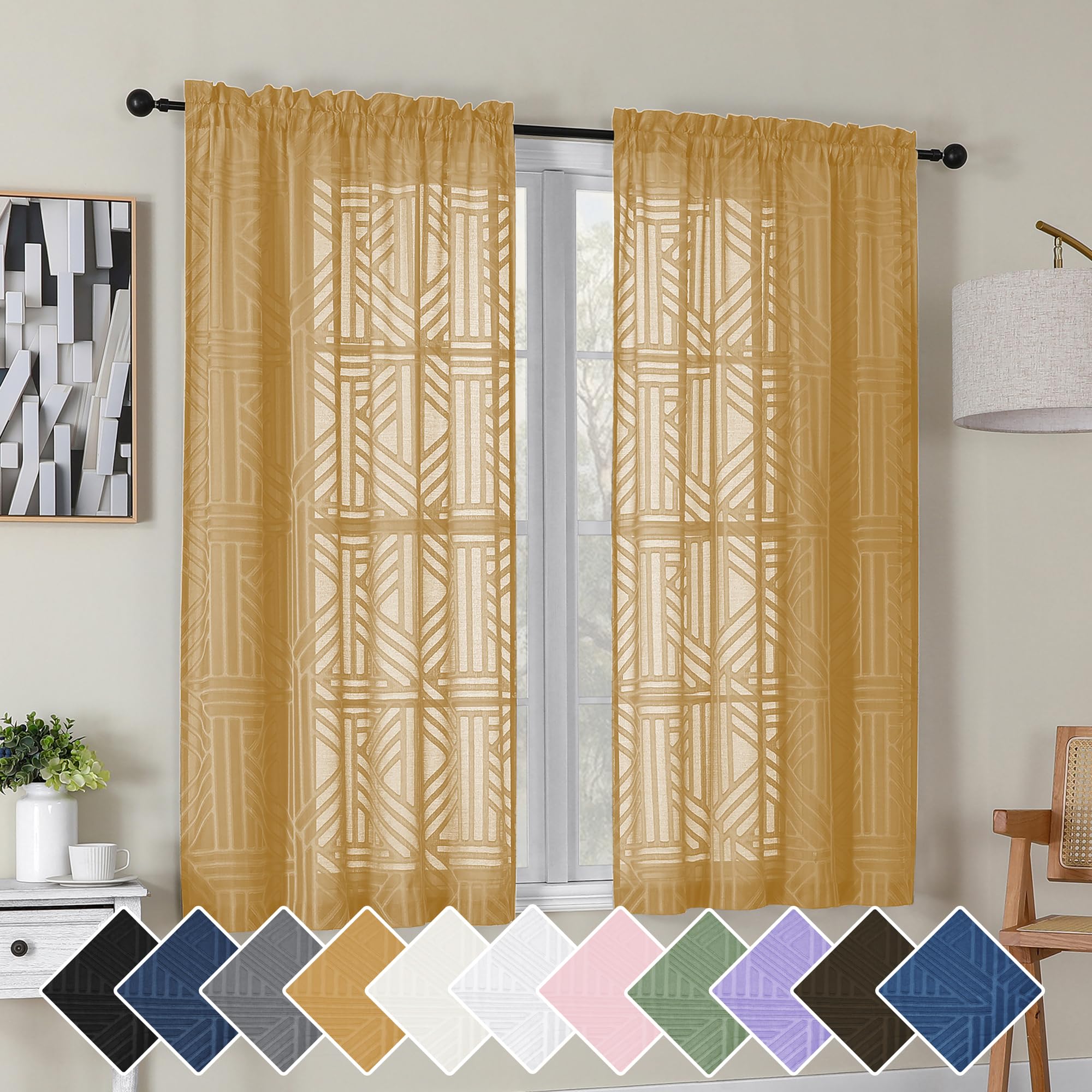 Simplebrand Gold Semi Sheer Curtains 45 Inch Length 2 Panels, Geometric Jacquard Clip Textured Short Sheer Curtains for Bedroom，Modern Elegant Window