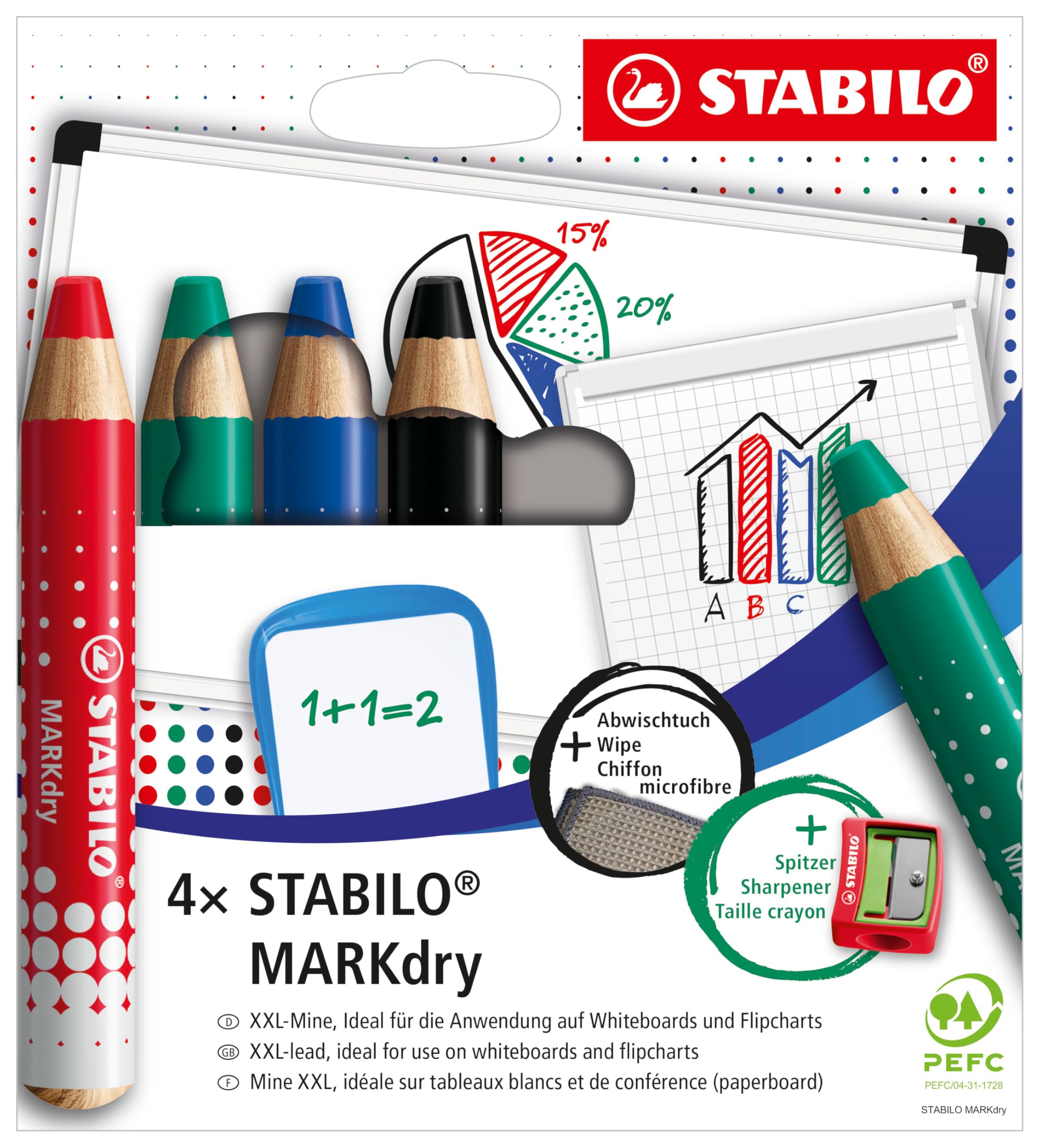 STABILO MARKdry Whiteboard Marker & Paper Board Marker - 4 Colors Case, Sharpener and Cleaning Cloth