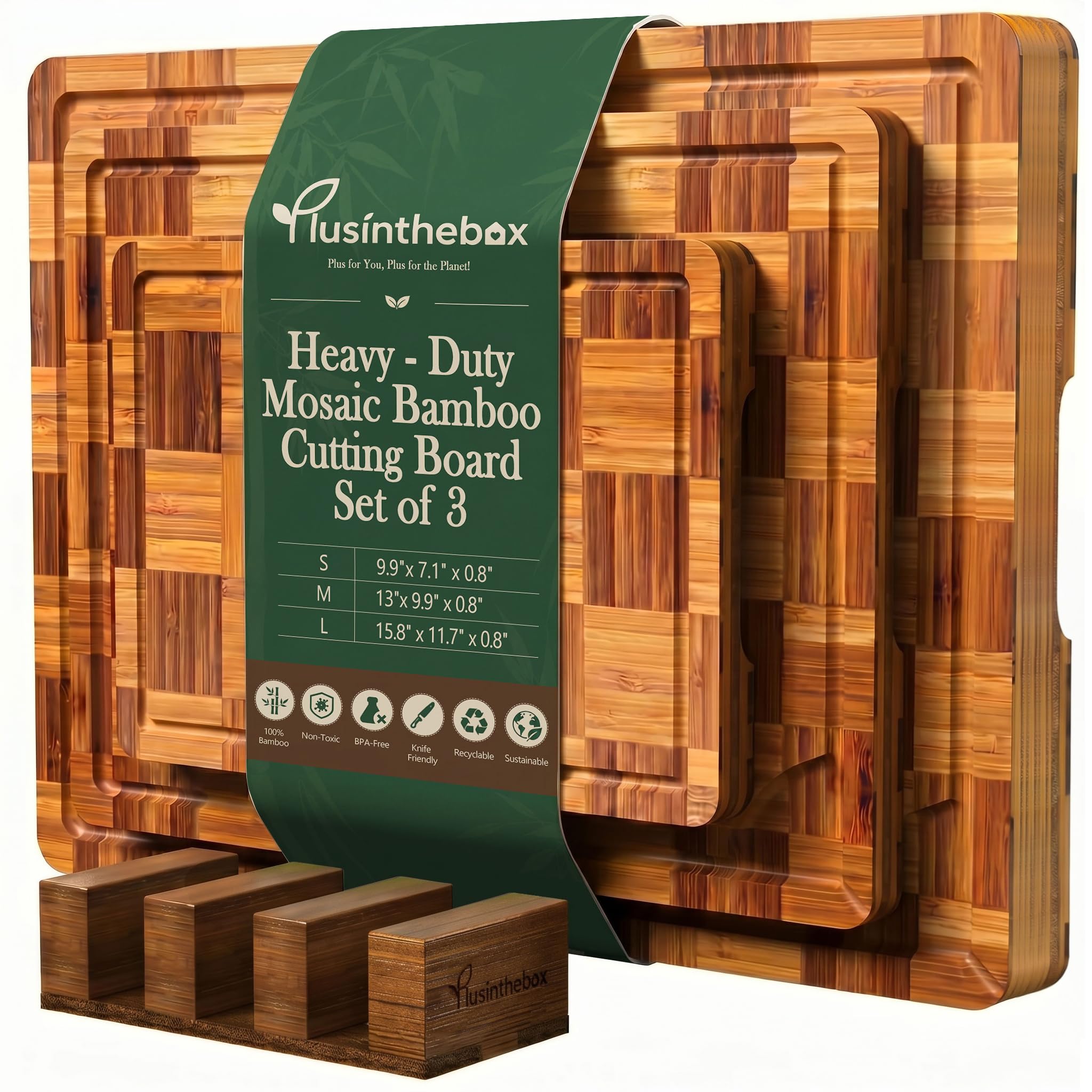 Photo 1 of Plusinthebox Cutting Board,Heavy Duty Cutting Board Set of 3 with Stand,End Grain Butcher Block Cutting Boards for Kitchen with Juice Grooves and Handles for Meat, Cheese, Charcuterie and Serving