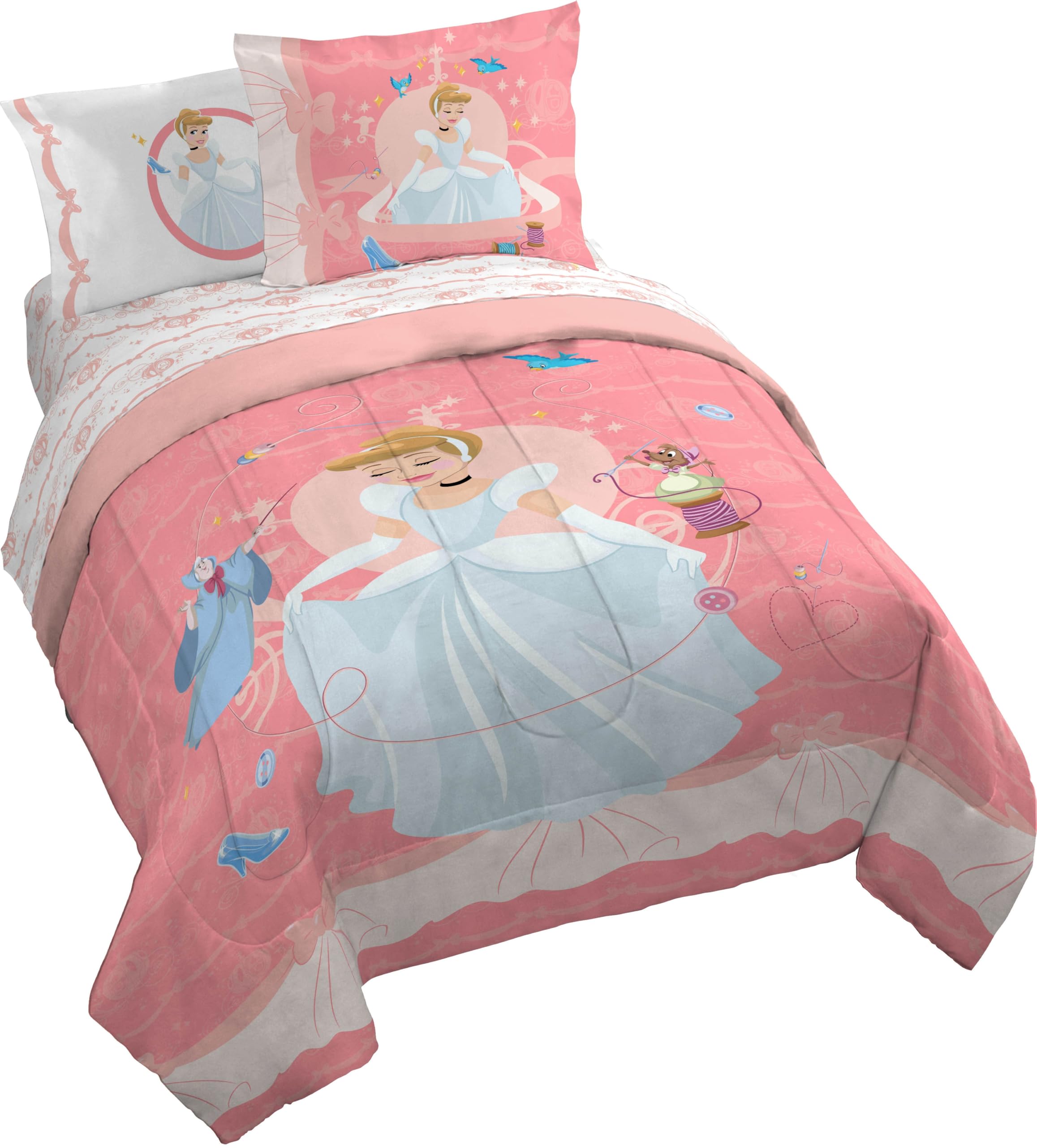 Jay Franco Kids Comforter Set Includes Sheets and Pillow Covers - Soft and Cozy Bed Set for Stylish Room Decor, Pink - Princess Cinderella, 7 Piece Queen Size Bedding