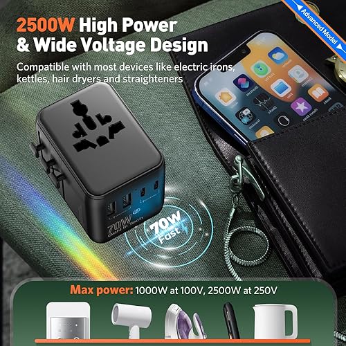 Miniatura 4 de Adaptador de enchufe de viaje europeo internacional de 70 W - Adaptador de enchufe de viaje universal rápido HICHOR para Estados Unidos a Europa