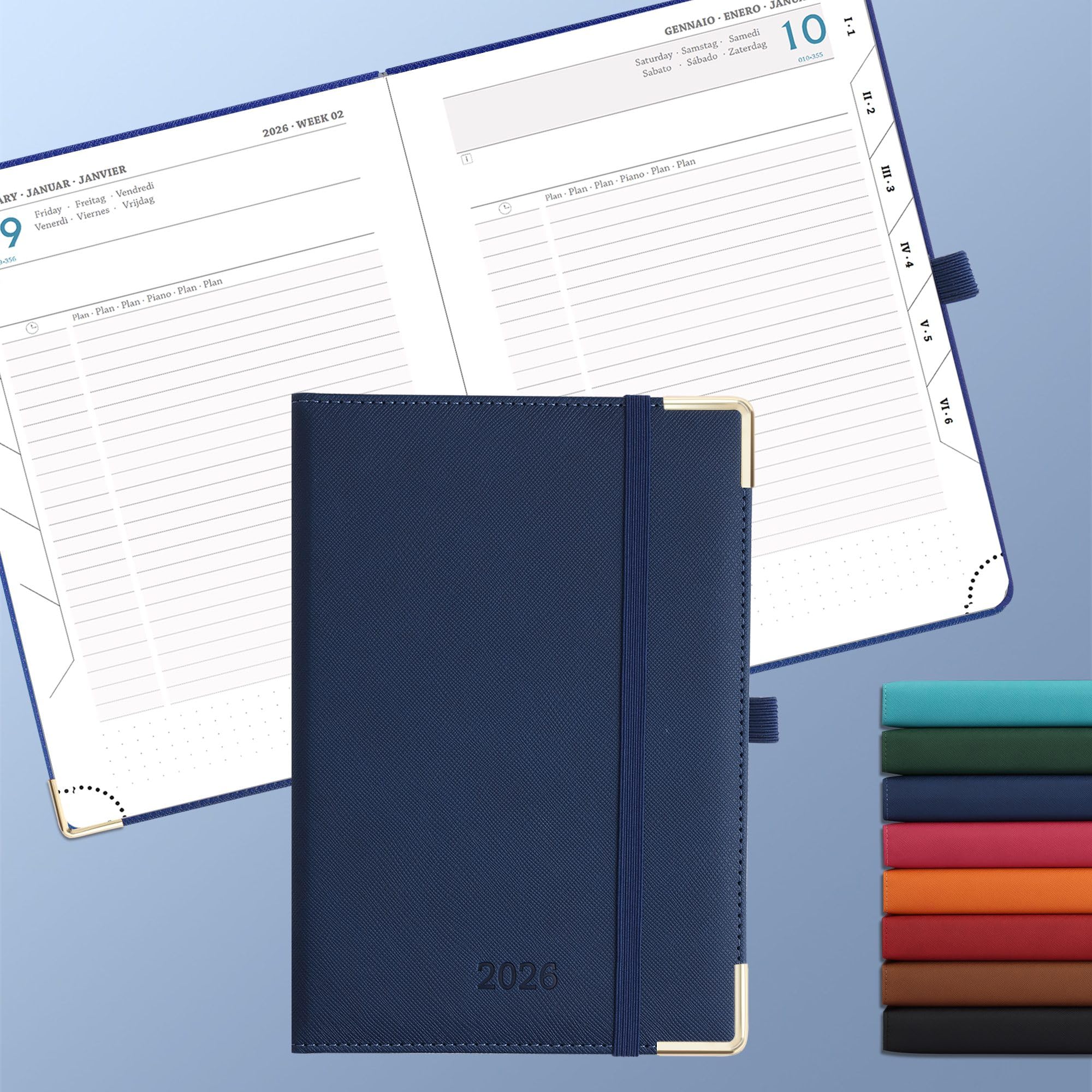 Agenda 2026 A5: Diario, Pianificatore quotidiano 1 pagina/giorno, Carta 80 g/m² 21,5x15 cm, con portapenne & tasca interna, pelle vegana Blu marino