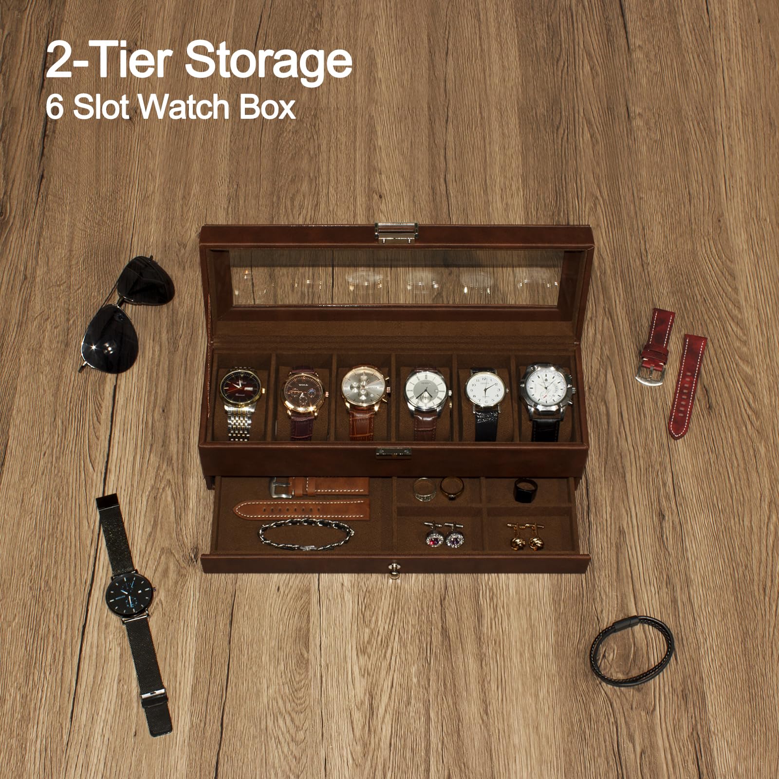 Boîte à Montres pour Homme, Coffret à 6 emplacements avec Couvercle en Verre, Double Porte-Montres et 1 Porte-bagues/Boutons de Manchette, Marron