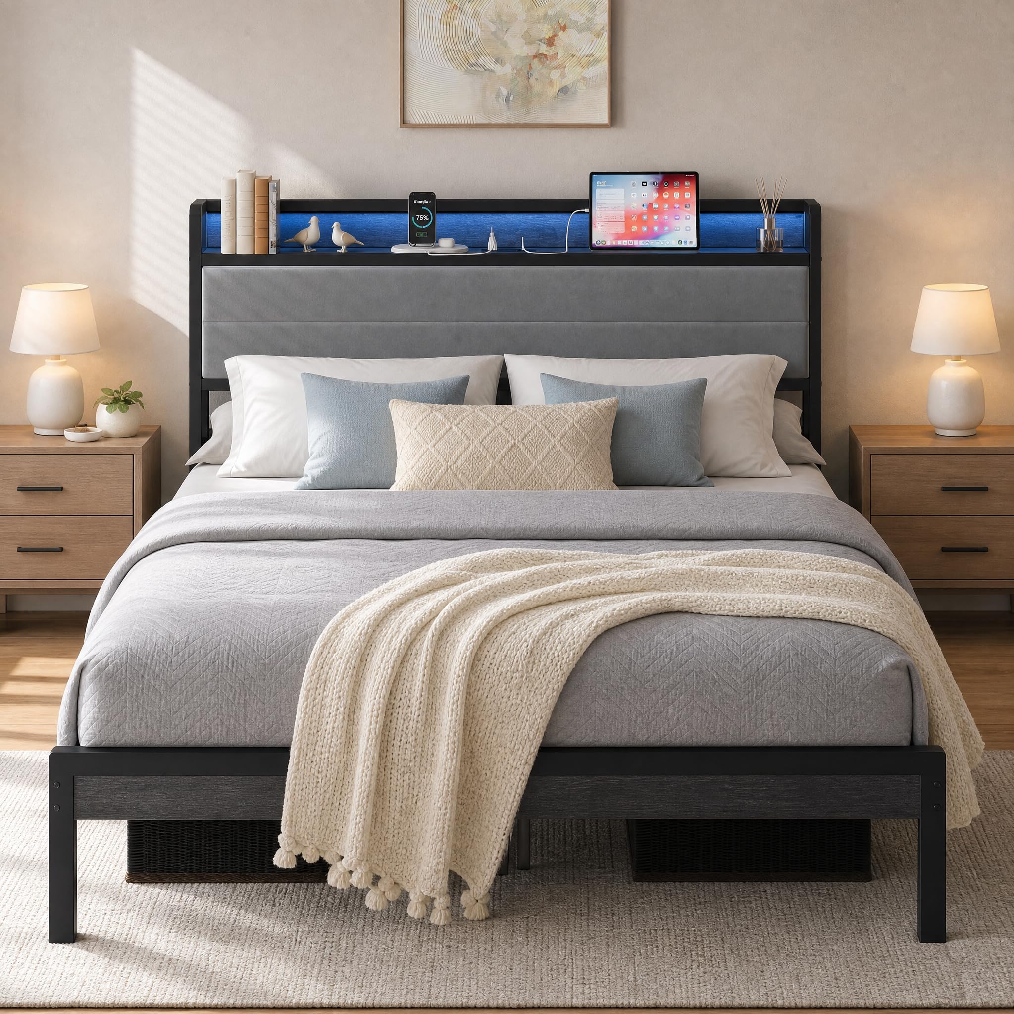 LIKIMIO Queen Bed Frame with Headboard, LED Lights and Charging Station
