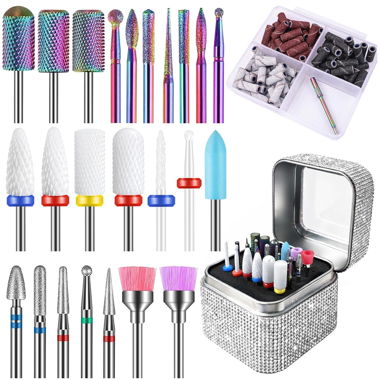 Depvko Juego de 25 brocas para uñas con estuche plateado y 50 bandas de lijado, 3/32'' fresas torno para uñas herramienta para quitar cutículas carburo diamante cerámica para esmalte de uñas, salón