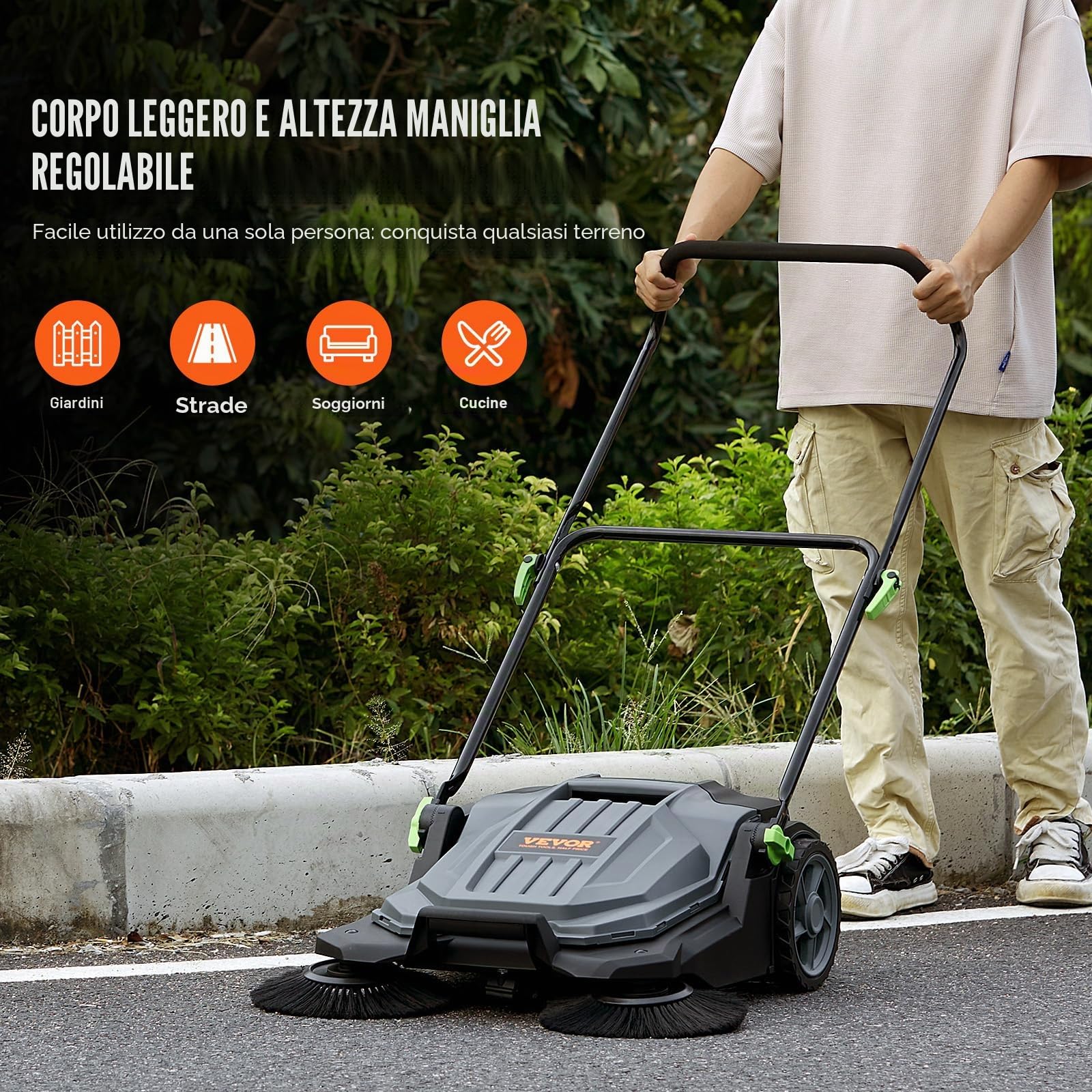 VEVOR Spazzatrice per pavimenti a terra manuale, larghezza 25,6" Spazzatrice per pavimenti manuale, contenitore per rifiuti da 5 galloni, maniglia in angolazione e altezza, cortile, garage, patio