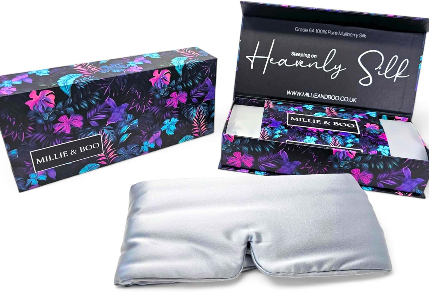 Millie & Boo Silk Eye Mask for Sleeping, Adjustable Full Face Sleep Mask, 22 Momme Grade 6A Organic Mulberry Silk, Silver, Gift Box, Perfect for Men and Women Millie & Boo Silk Eye Mask for Sleeping, Adjustable Full Face Sleep Mask, 22 Momme Grade 6A Organic Mulberry Silk, Silver, Gift Box, Perfect for Men and Women
