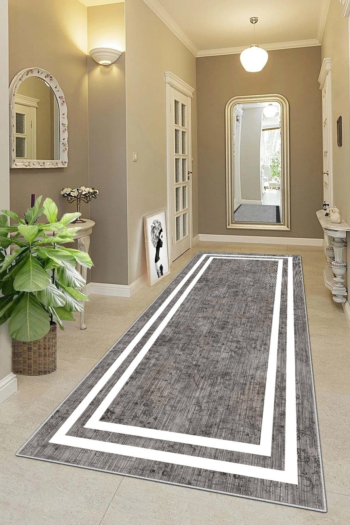 Pelangi Gri Zemin Beyaz Çerçeveli Düz Model Dijital Baskı Yıkanabilir Modern Salon Halı ve Yolluk, Gri 80 x 200, 95556270802007