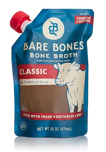 Caldo de hueso de res de Bare Bones - Alimentado con pasto, orgánico, caldo de hueso de res, rico en proteínas, 1 libra (paquete de 6)