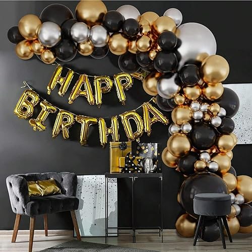 Kit de arco de guirnalda de globos dorados y negros, 118 globos metálicos dorados y negros con diferentes tamaños para graduación, cumpleaños,