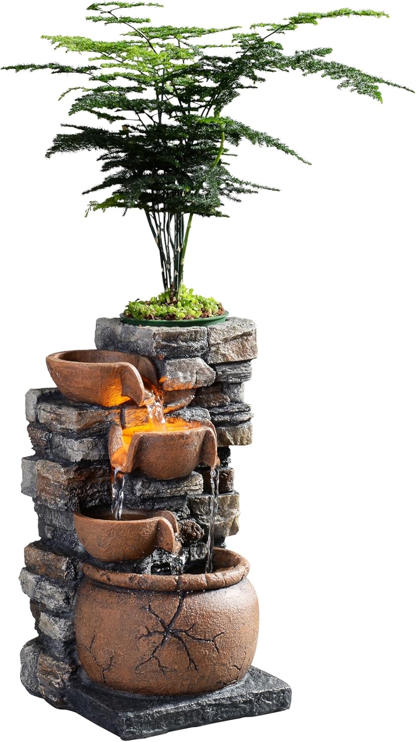 Indoor Fountain 4-Bowl Rockery Soothing Sound Tabletop Fountains Home/Office Decor with a Small Plastic Pot to Grow The Plant by Yourself(Automatic Watering)(23001)