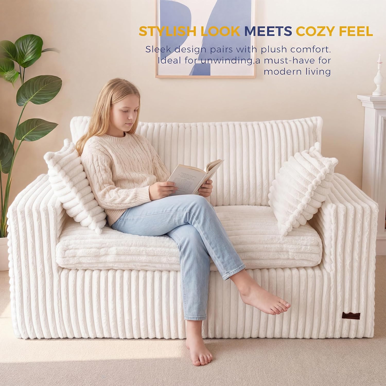 MAXYOYO 59" Bean Bag Sofa Couch, Loveseat Boneless Couch in a Box, Upholstered Small Mini Sofa with Deep Seating for Living Room Bedroom Office Apartment, No Assembly, Beige