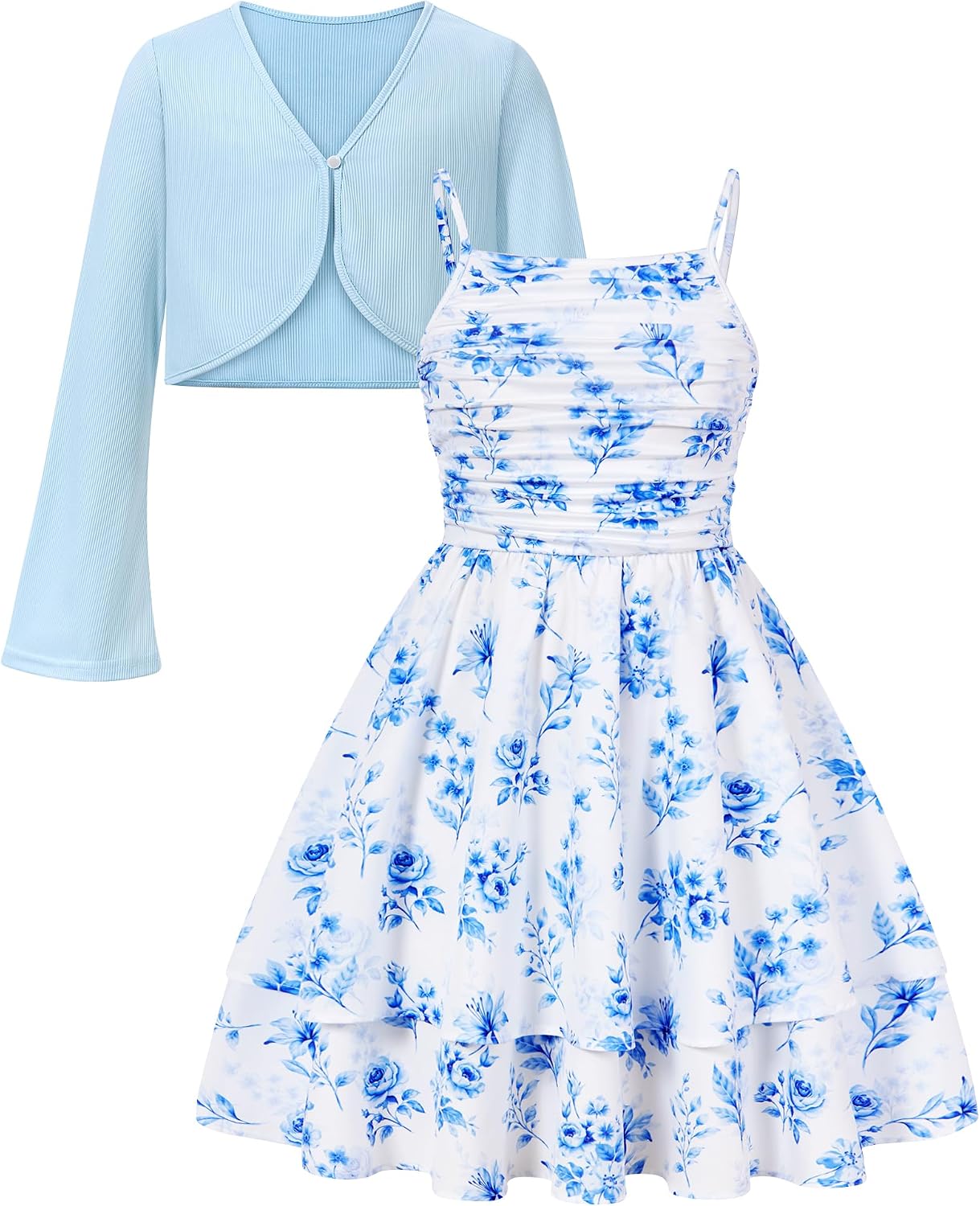 ALISISTER Girls Floral Dresses Size 8-16 Girl Double Layer Dress with Flare Sleeve Cardigan