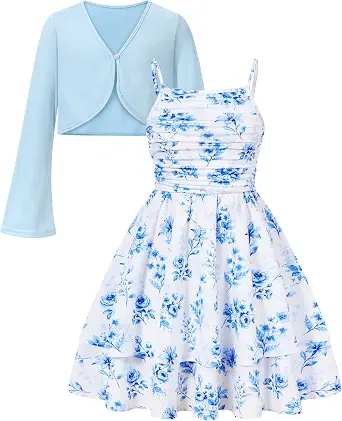 Girls Layered Ruched Dress for 7-16 Years with Cardigan