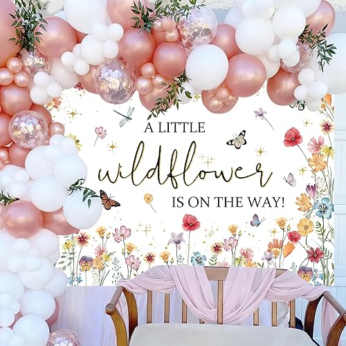 Miniatura 8 de Avezano Decoraciones de flores silvestres para baby shower con texto en inglés "A Little Wildflower is On The Way", telón de fondo para baby shower