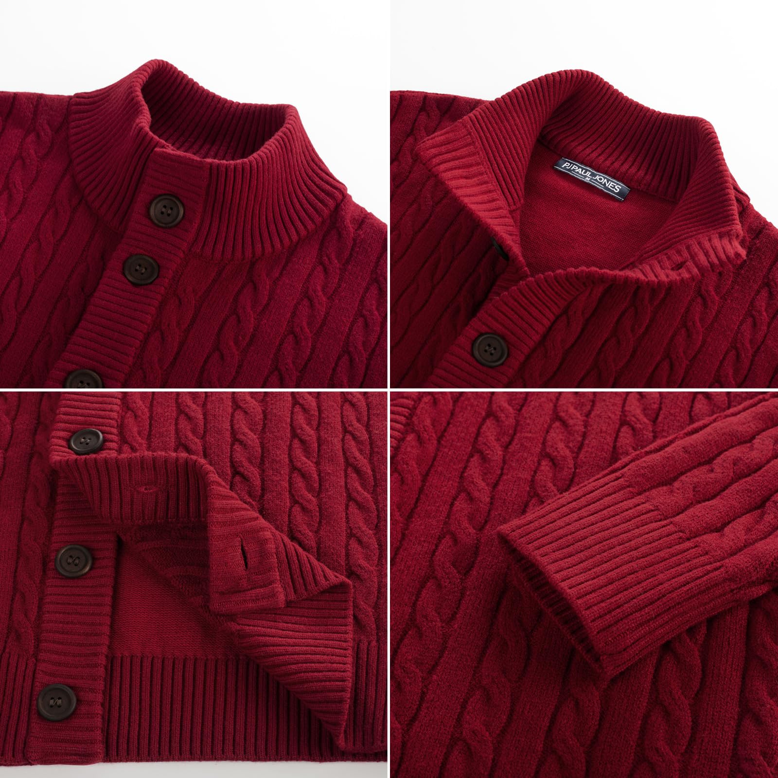 PJ PAUL JONES Cárdigan de punto trenzado con botones para hombre cuello alto