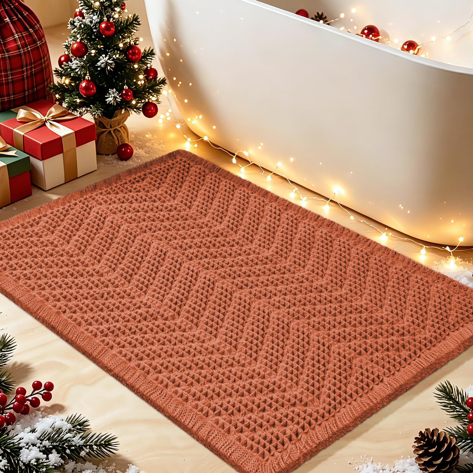 Upgrade Waffle Bath Mat, Boho Bathroom Rugs Absorbent Non Slip, Ultra Soft Bathroom Mat, Machine Washable Knit Bath Rugs with Herringbones for Bathroom, Bedroom, Kitchen, Tub, 36"x24", Burnt Orange