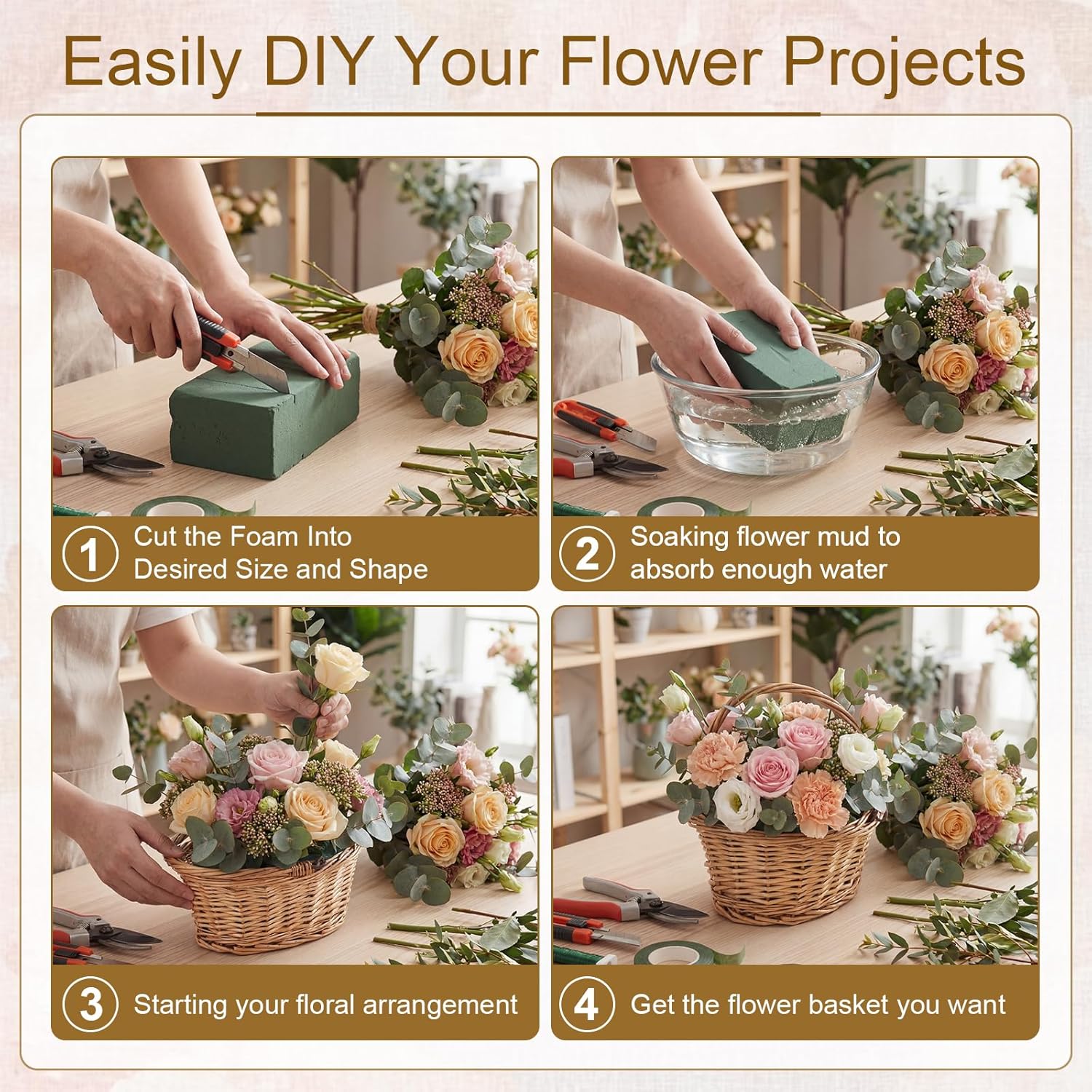 Barydat 6 Pcs Small Wicker Picnic Basket with Handle 12 Pack Floral Foam Blocks for Flower Arrangements, Flower Girl Baskets Oval Willow Woven Braided Gift Basket for Wedding Baby Shower(Khaki)