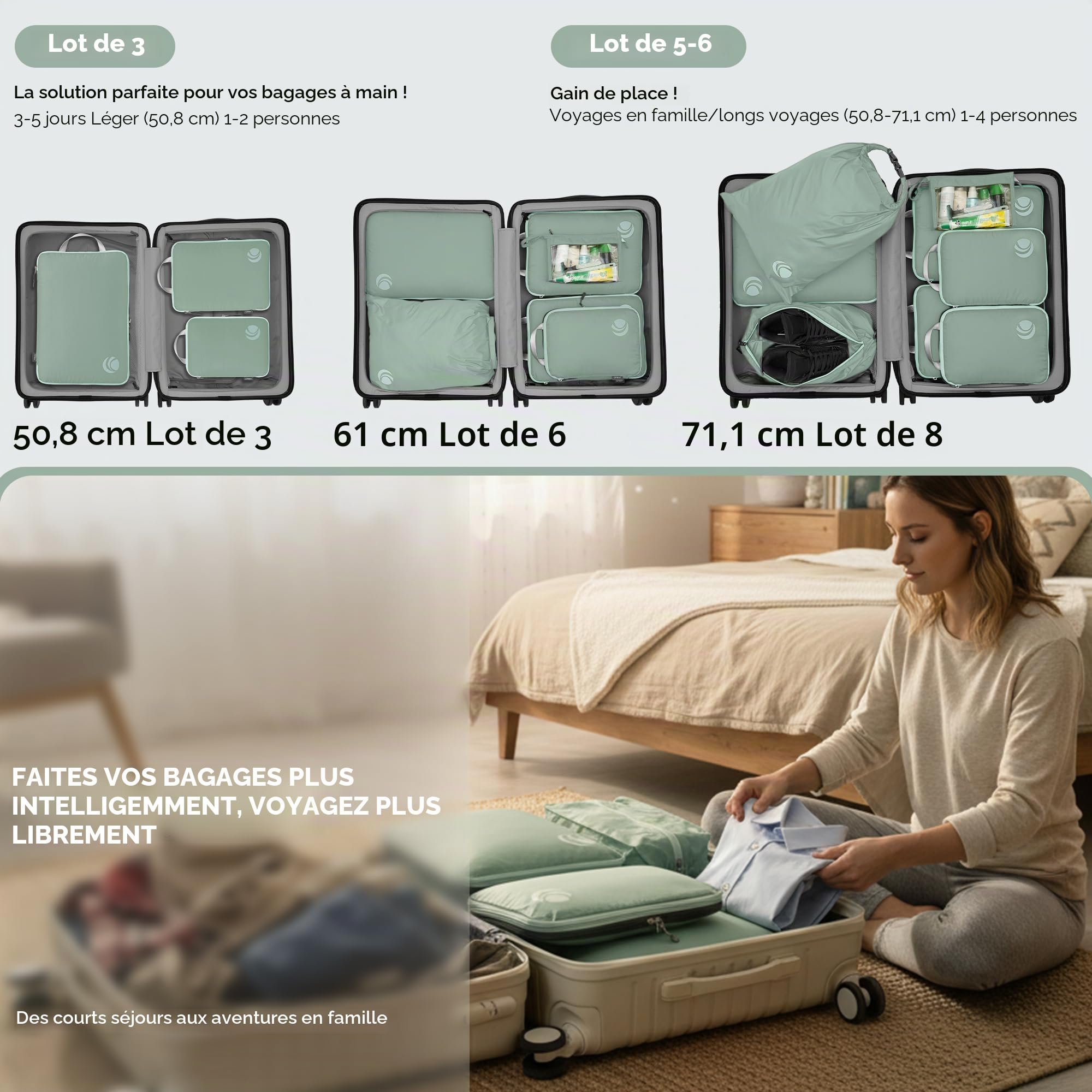 Cipway Organisateur Valise pour Voyage, Organiseur de Bagages Ultraléger Extensible Rangement Sac de Compression Voyage（Vert sauge，8Pièces）