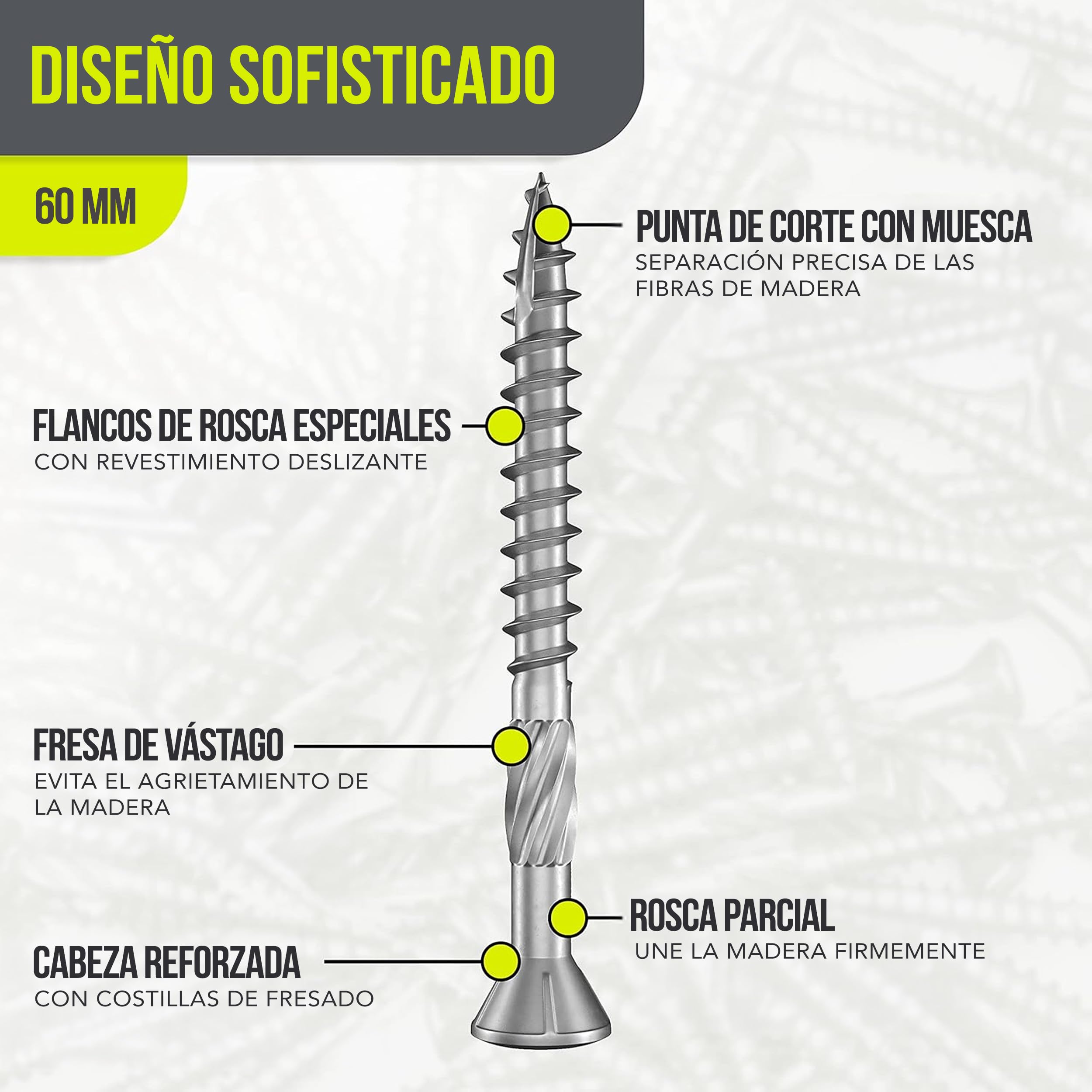 Tornillos para terraza Muesca de corte Torx | C1-5,0x60mm - 200 piezas | Tornillos para tarimas de acero inoxidable de primera calidad con recubrimiento deslizante, tornillo tarima madera