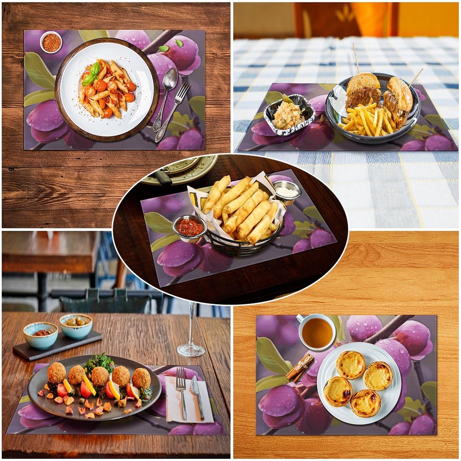 Blooming Plum - Set di 6 tovagliette in PVC, lavabili, resistenti al calore, antiscivolo, impermeabili, per interni ed esterni, tavolo da pranzo, cucina, feste