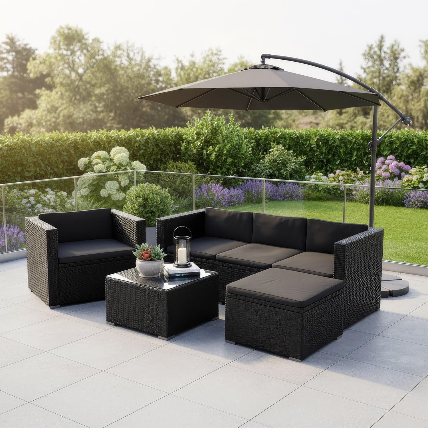 Juskys Polyrattan Lounge Punta Cana L für 4-5 Personen mit 3er Sofa, Sessel, Hocker, Tisch & Kissen, Sitzgruppe für Garten, Terrasse und Balkon, Gartenmöbel Set wetterfest - Schwarz/Grau