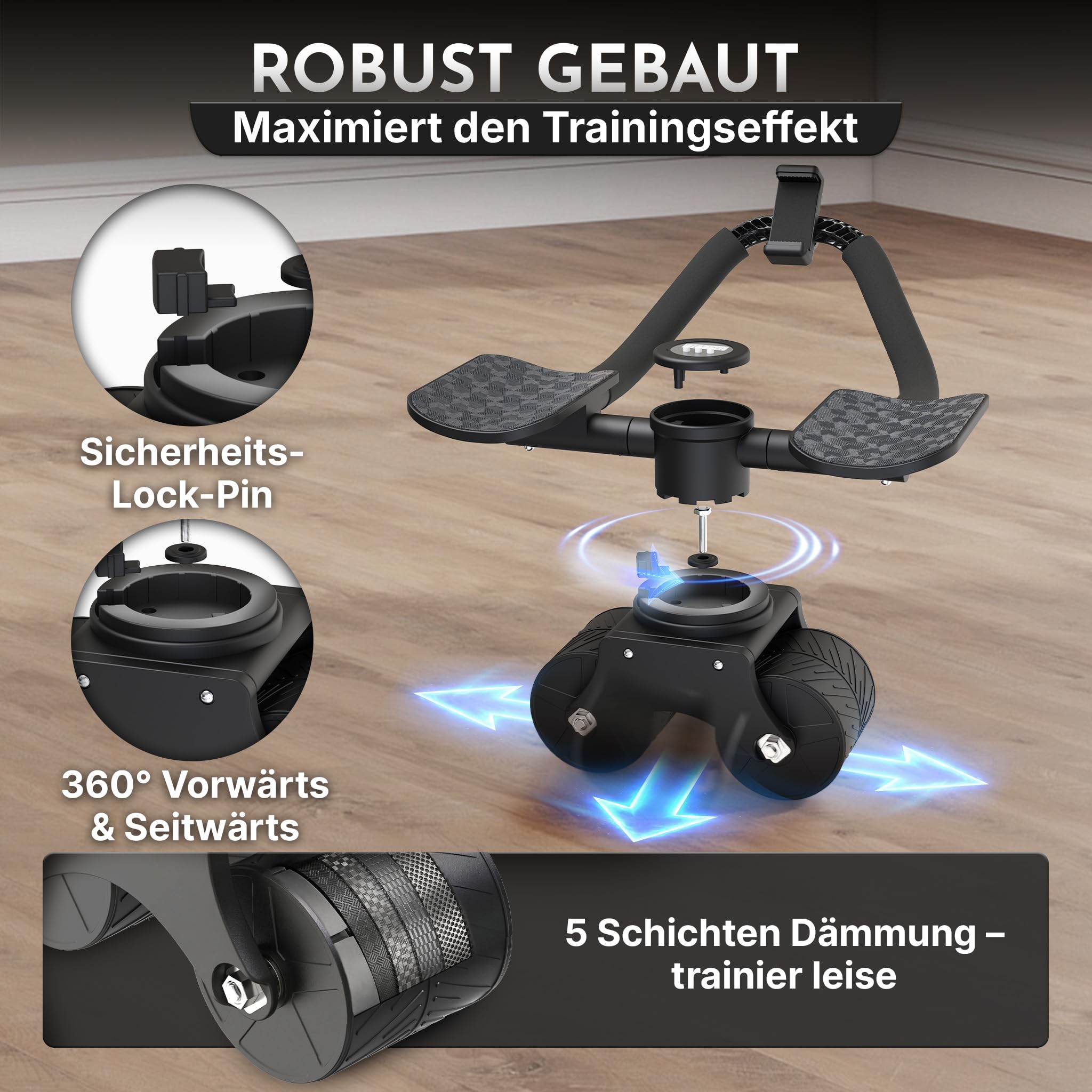 NEOLYMP - Patentierter Bauchroller für Zuhause mit Unterarm-Auflagepads – Extra Breite für Stabilität, 5 Einstellstufen für gerade & seitliche Rollouts & Handyhalterung