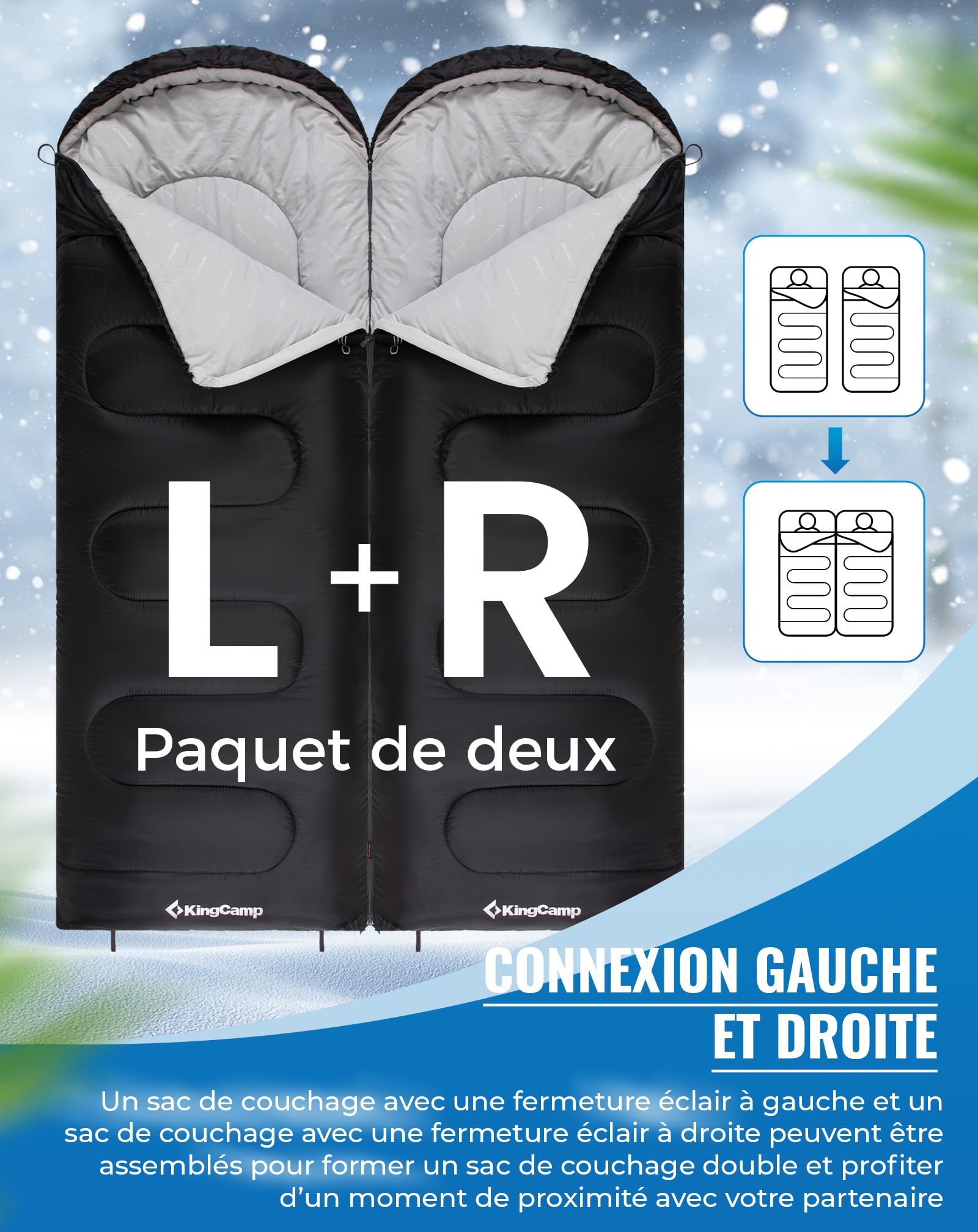 KingCamp Oasis Sac de Couchage de Camping 3-4 Saisons imperméable léger pour Enfants et Adultes, couplage à Droite et à Gauche, idéal pour Les Voyages et Les activités de Plein air
