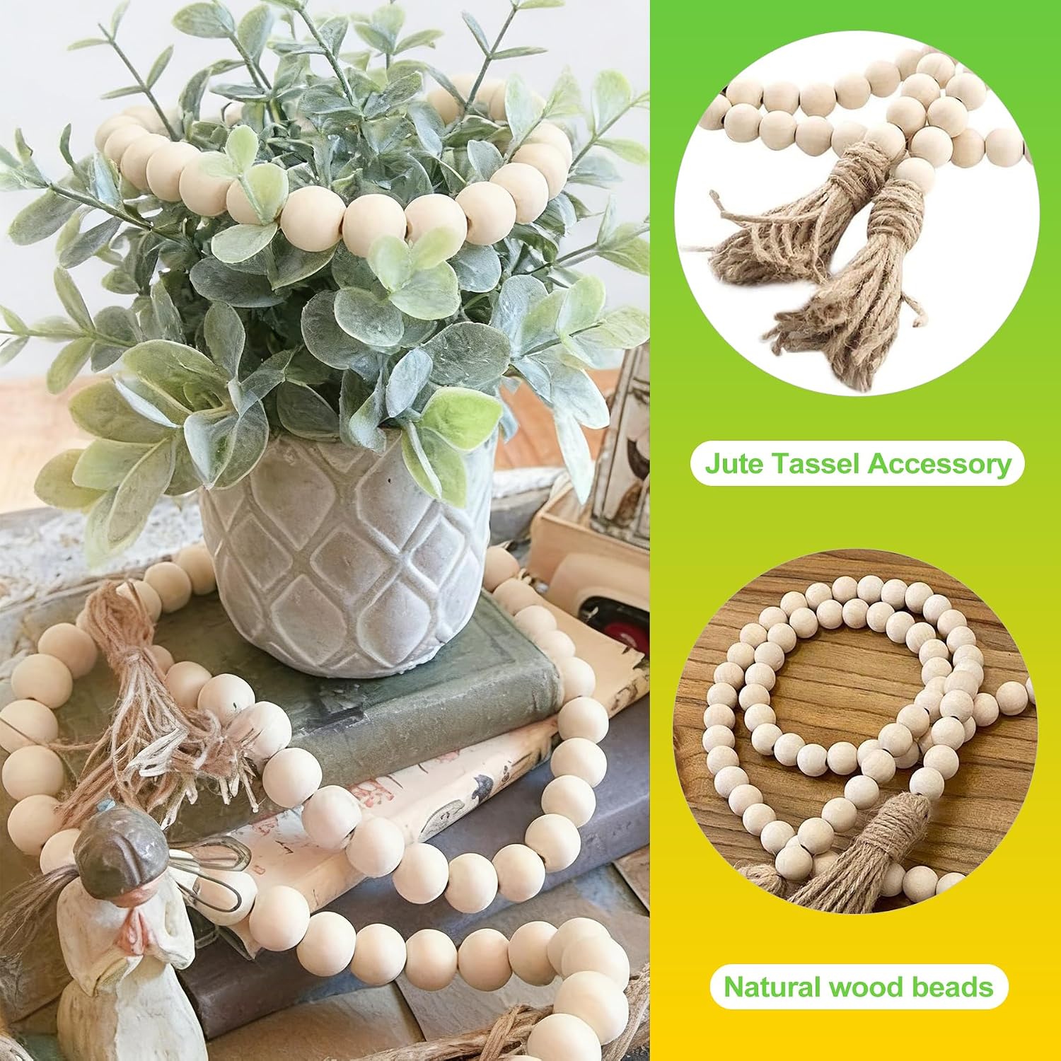 58 in Wood Bead Garland with Tassels Rustic Farmhouse Boho Home Decor Natural Wooden Prayer Beads Table Tray Wall Hanging Decorative String Beads for Living Room Bedroom