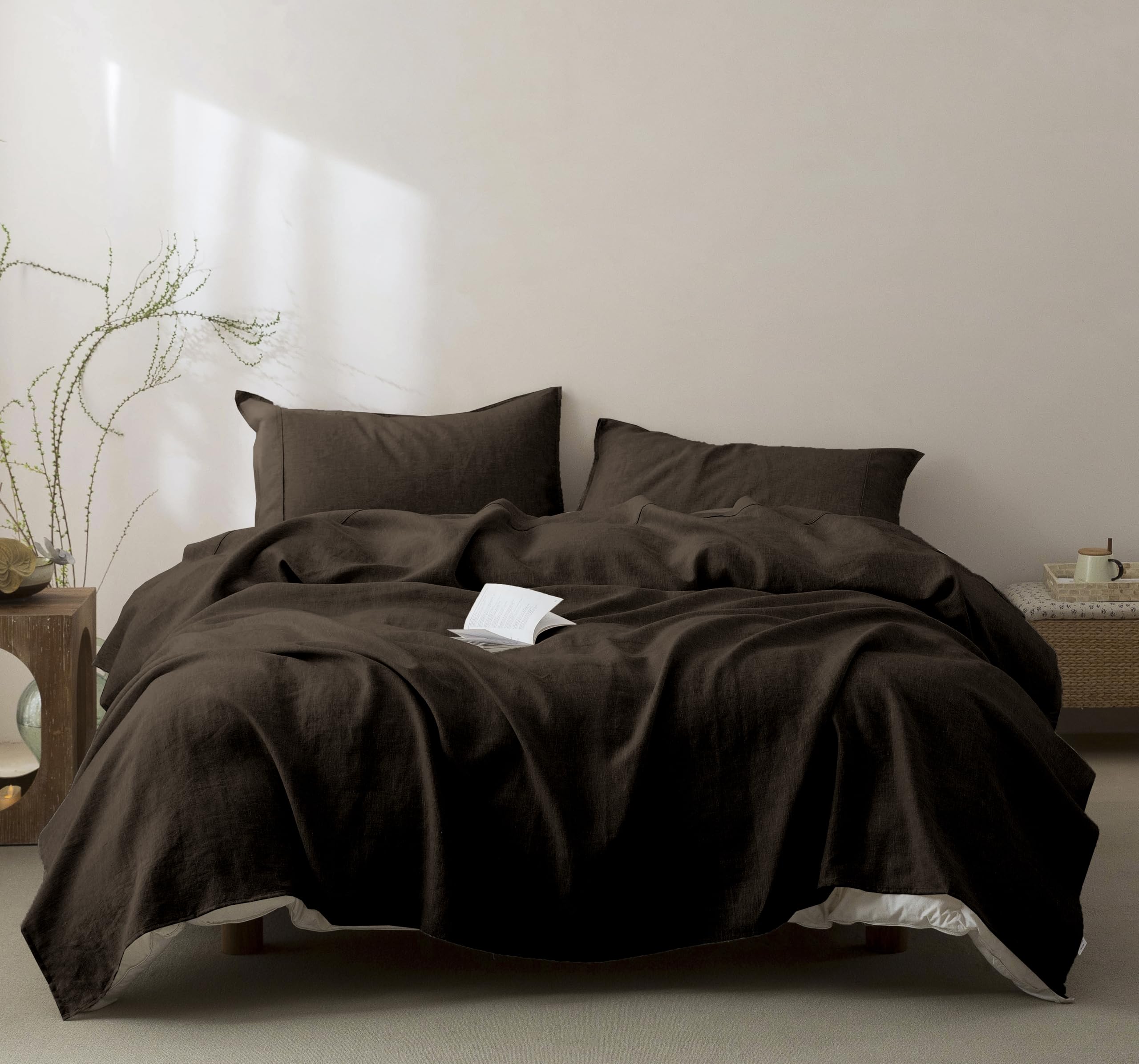 Talasily 100% Linen Sheets King Size French Linen Bed Sheet Set in Chocolate