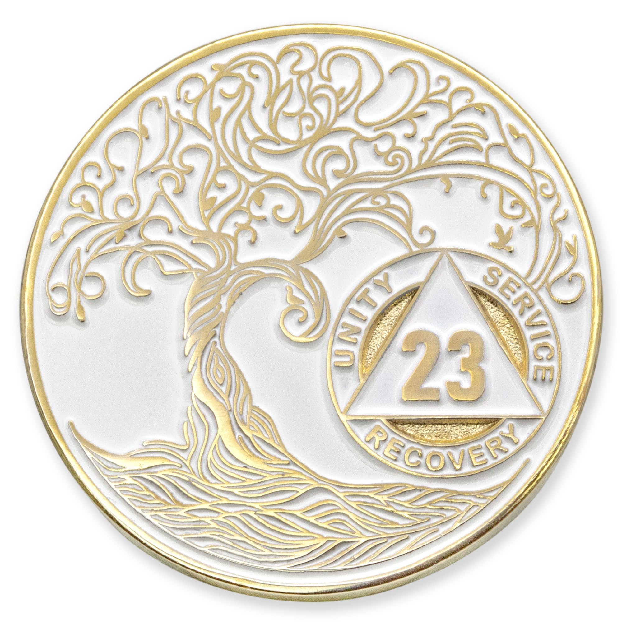 1 to 50 Year Twisted Tree of Life Sobriety Coin - Gold Plated AA Chips &amp; Medallions - 23 Year Sobriety Coin - White