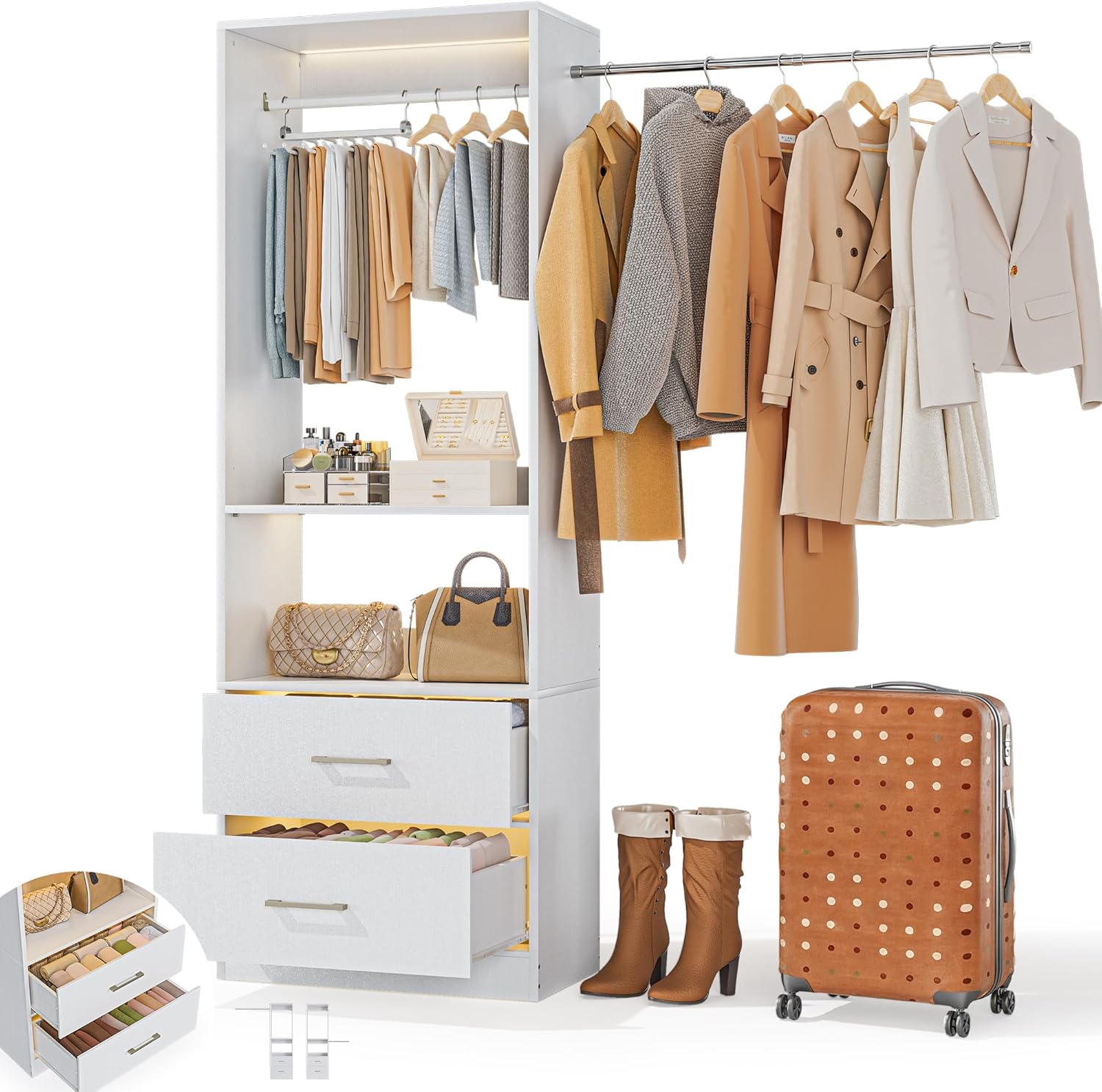 11 Ft Expandable Closet System, 6.7 Ft High Wood Closet Organizer with 2 Drawers & 1 Hanging Rods, Modular Wardrobe Storage Rack with Adjustable Shelves for Walk-in Bedroom, White