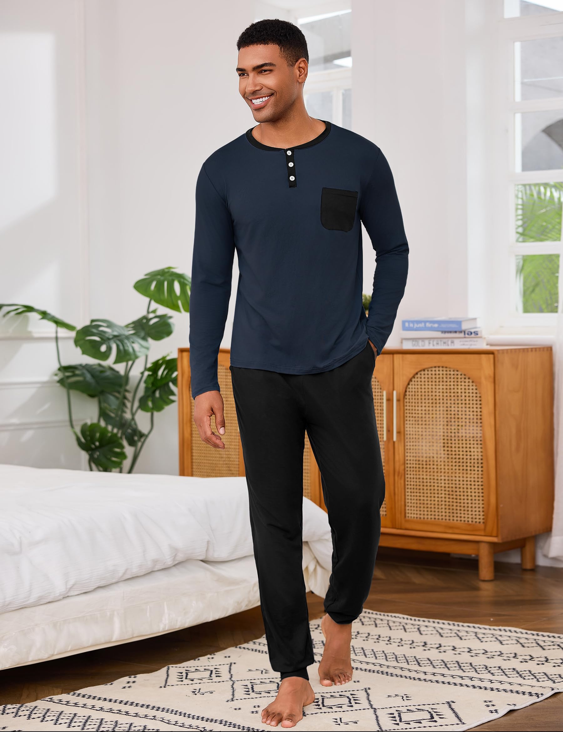 Uniexcosm Pigiama Uomo Cotone Lungo Pigiama A Due Pezzi da Uomo Abbigliamento da Casa