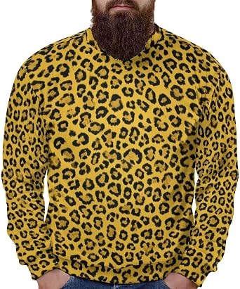 Leopard Print Sweatshirts for Men Round Neck Long Sleeve Loose Fit Fashion Graphic Sweatshirt Trendy Tops Casual Fall Clothes Mens Pullover Sweatshirt Leopard Yellow S
