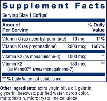 Life Extension Super K, Vitamin K Supplement, 2000 Mcg Vitamin K and 1180 Mcg Vitamin K2, Heart Health, Once-Daily, 90 Softgels